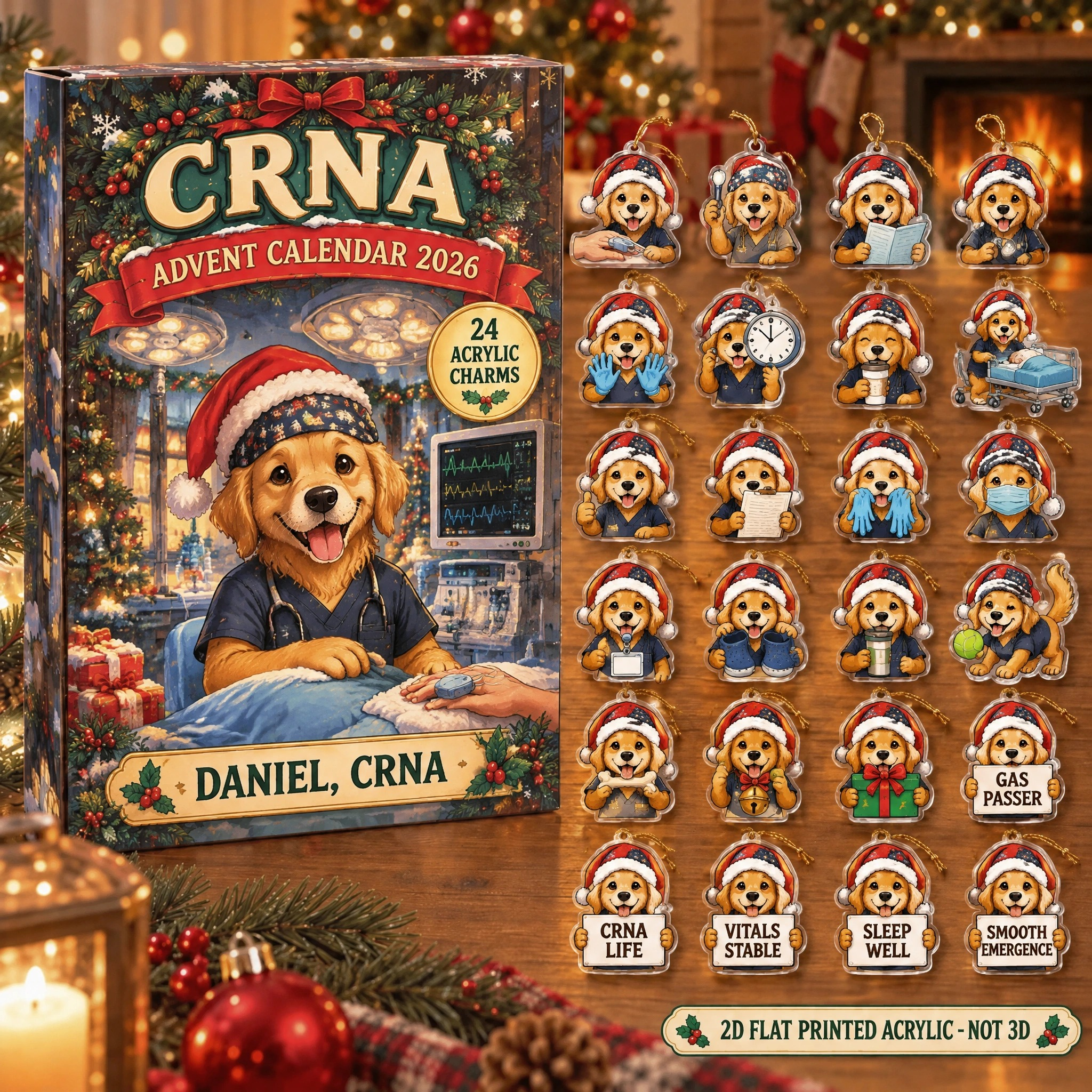 Personalized CRNA Dog advent calendar box with 24 flat acrylic Christmas charms