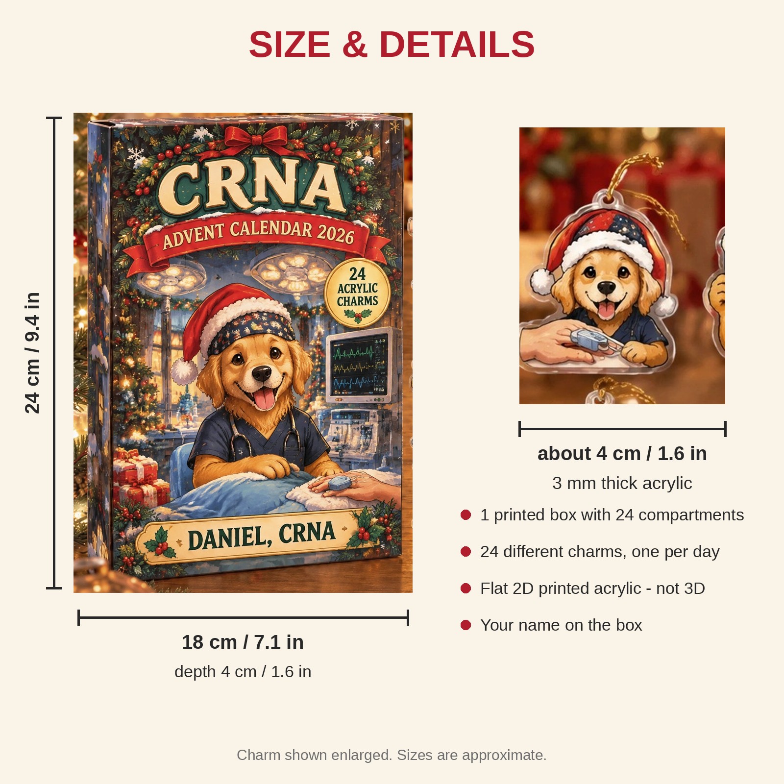 Personalized CRNA Dog advent calendar box with 24 flat acrylic Christmas charms: box and charm sizes