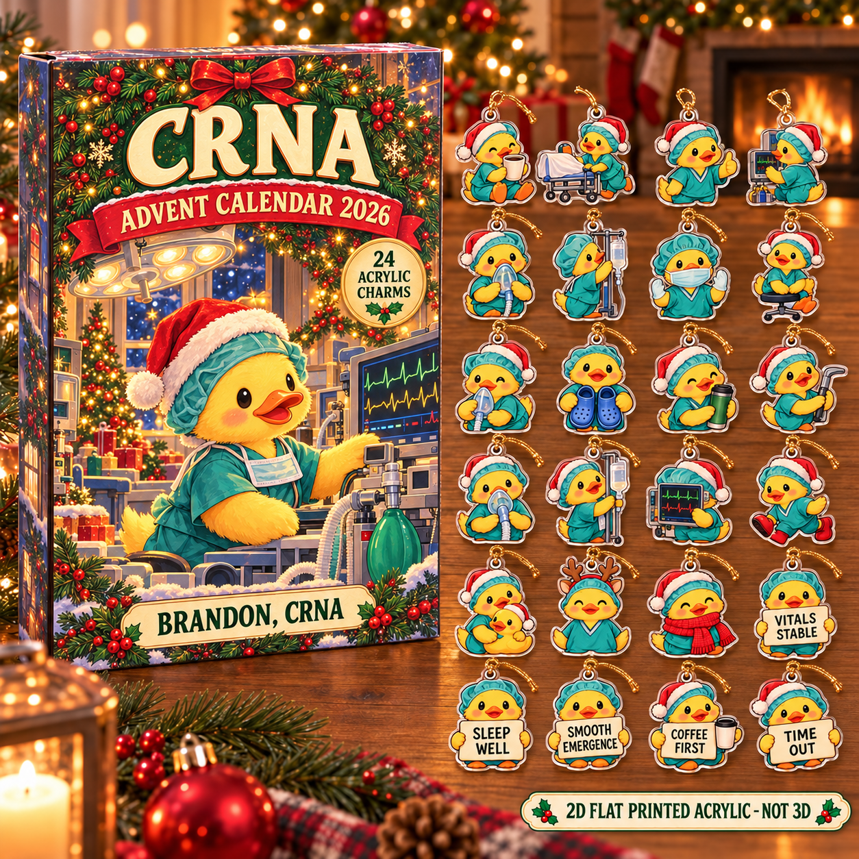 Personalized CRNA Duck advent calendar box with 24 flat acrylic Christmas charms
