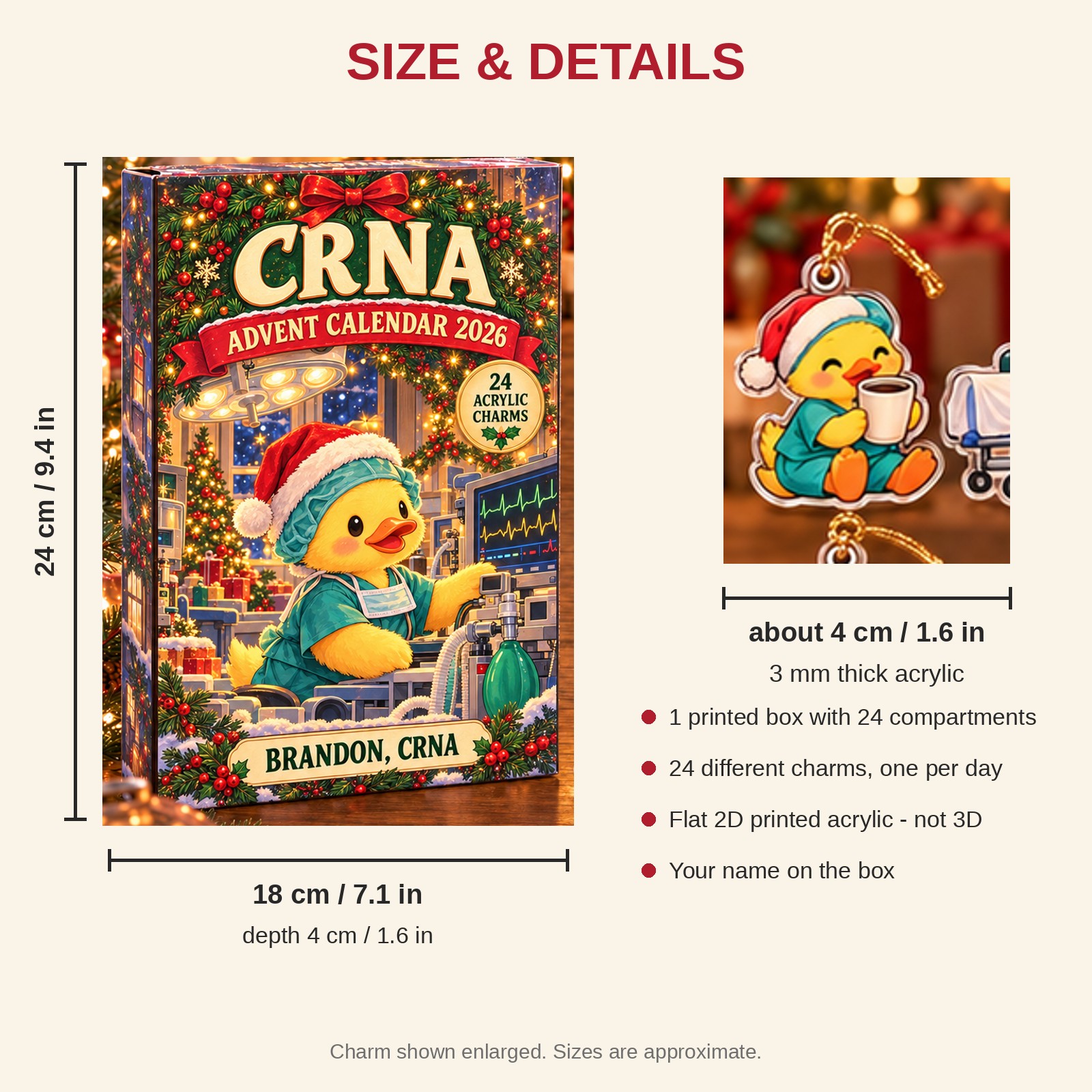 Personalized CRNA Duck advent calendar box with 24 flat acrylic Christmas charms: box and charm sizes