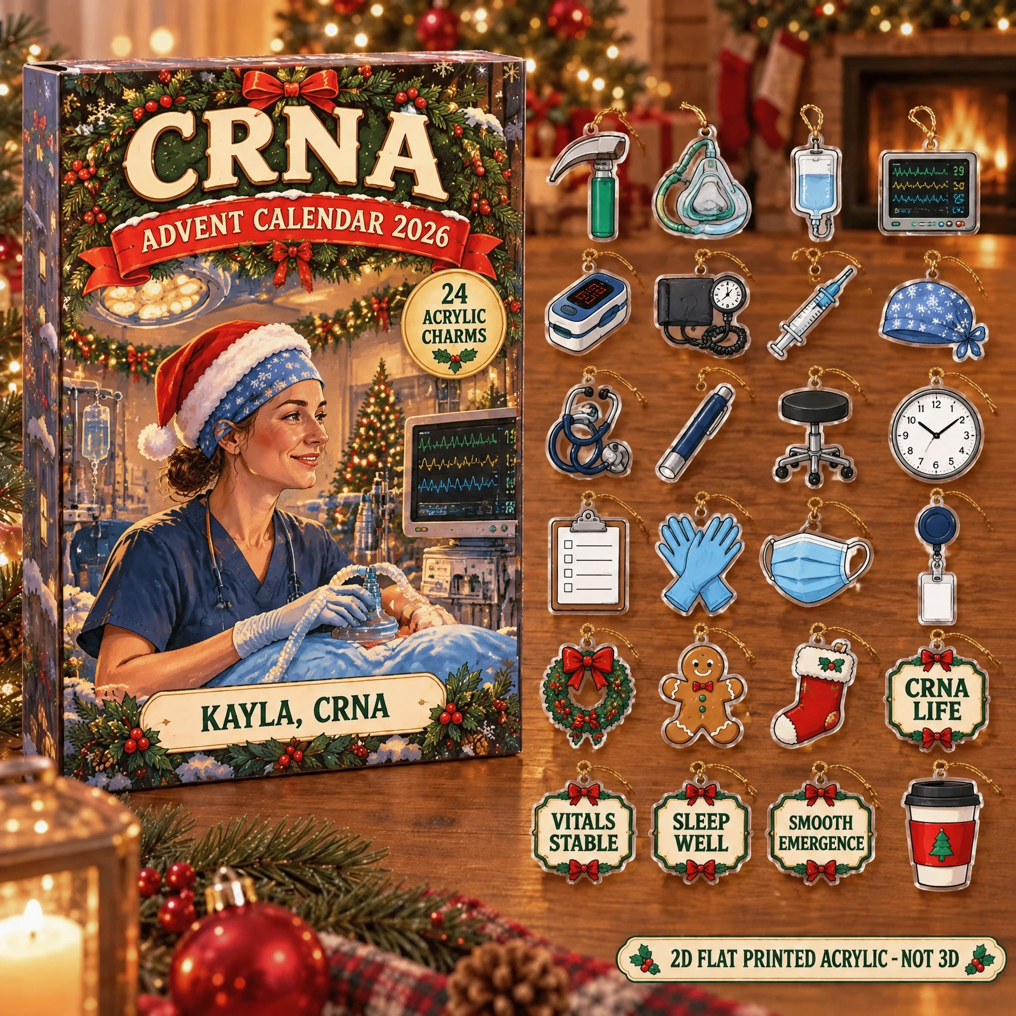 Personalized CRNA Essentials advent calendar box with 24 flat acrylic Christmas charms