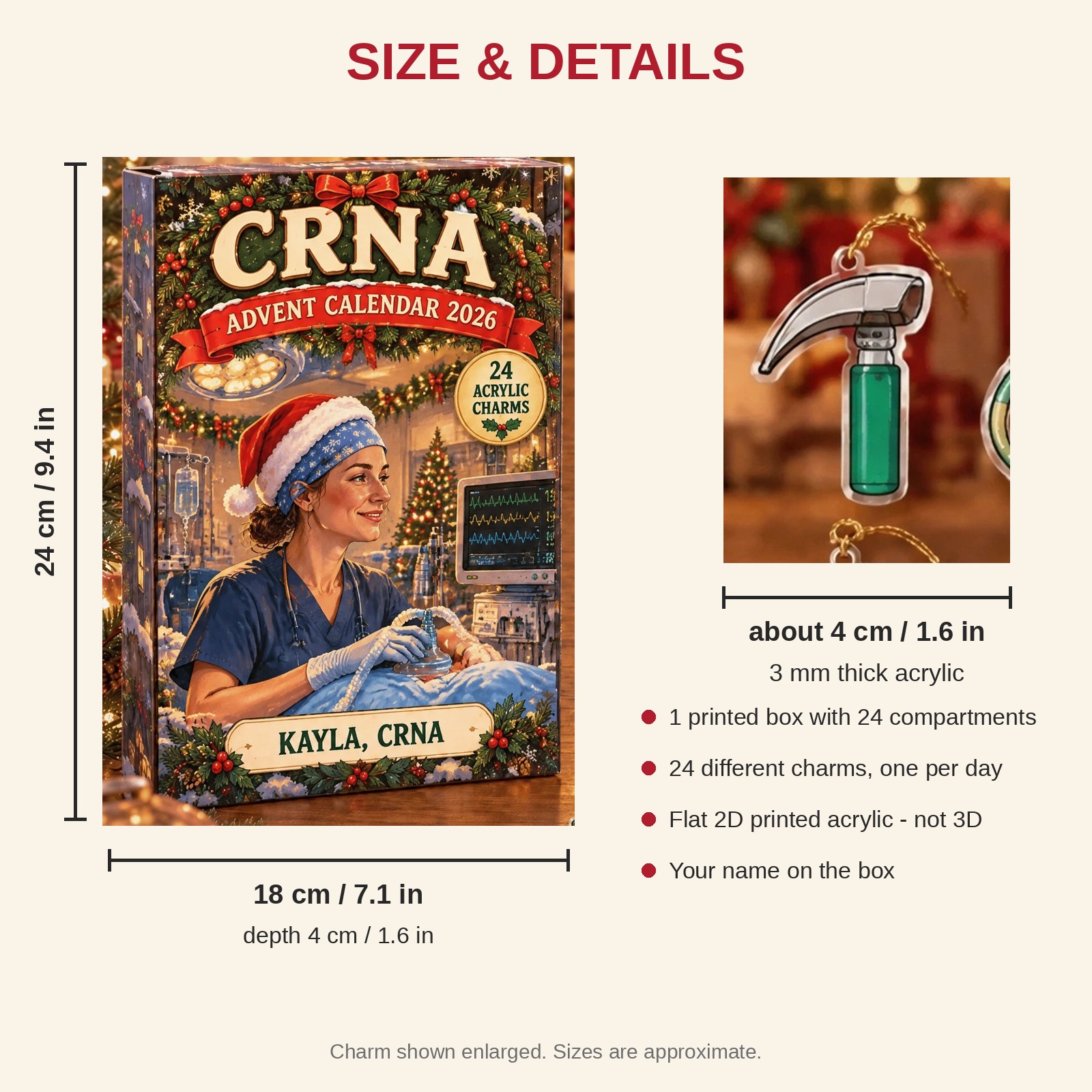 Personalized CRNA Essentials advent calendar box with 24 flat acrylic Christmas charms: box and charm sizes