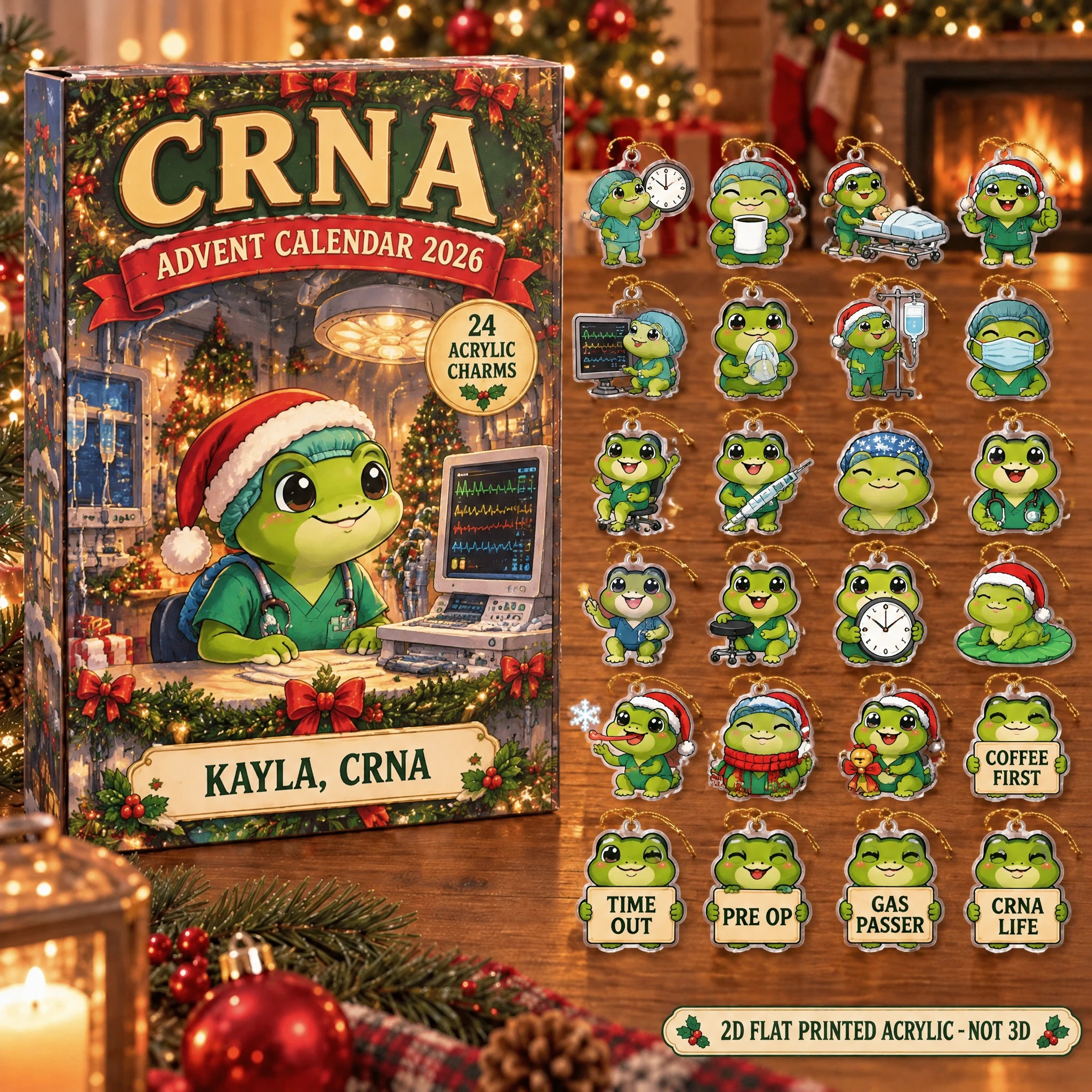Personalized CRNA Frog advent calendar box with 24 flat acrylic Christmas charms