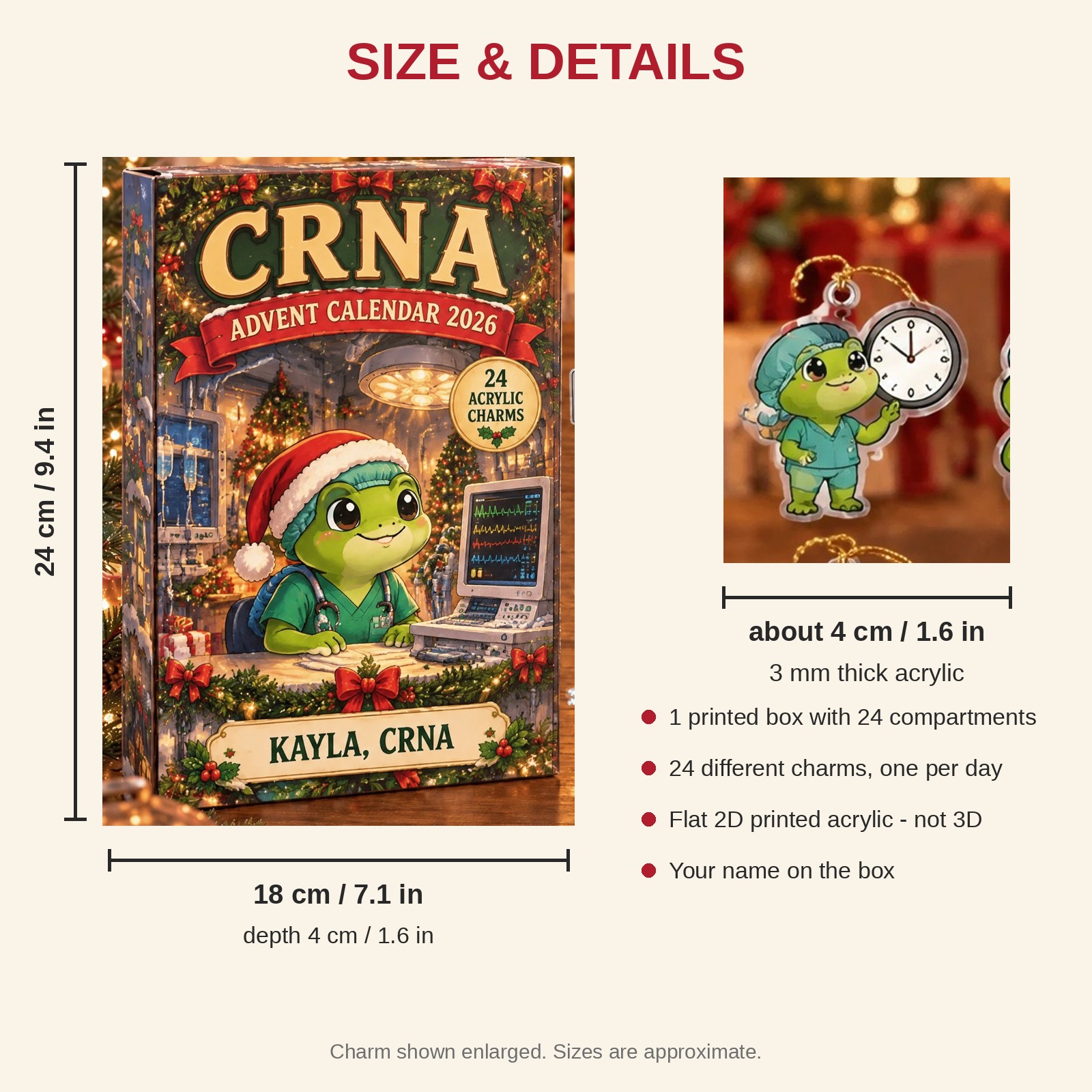 Personalized CRNA Frog advent calendar box with 24 flat acrylic Christmas charms: box and charm sizes