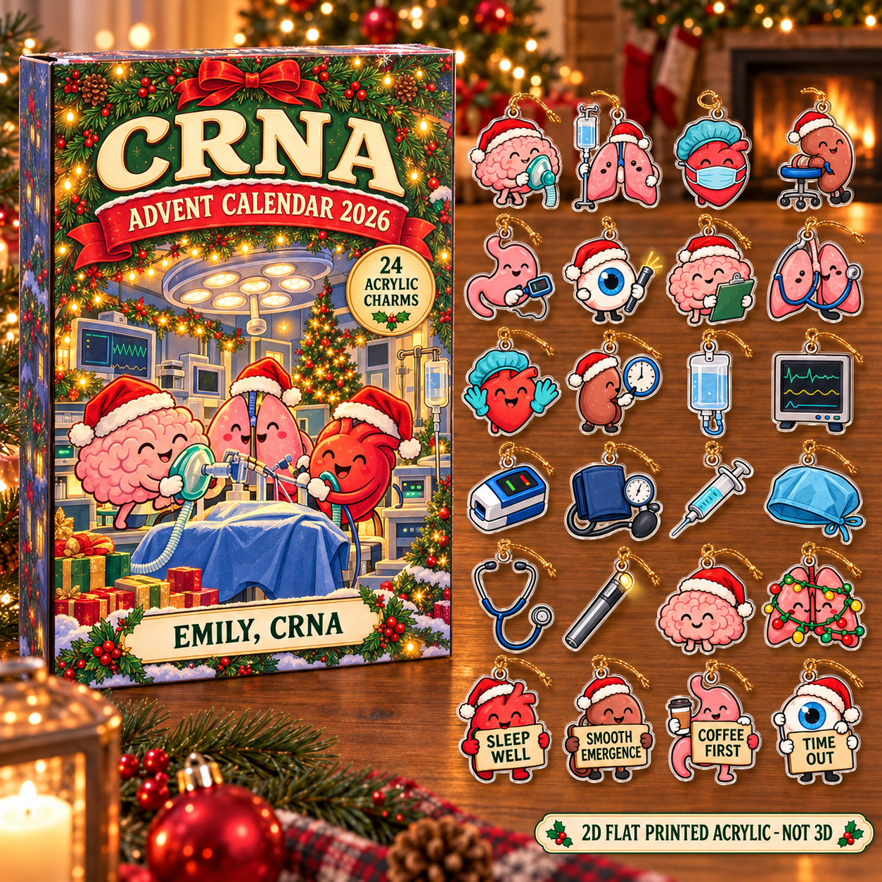 Personalized Funny Anatomy CRNA advent calendar box with 24 flat acrylic Christmas charms