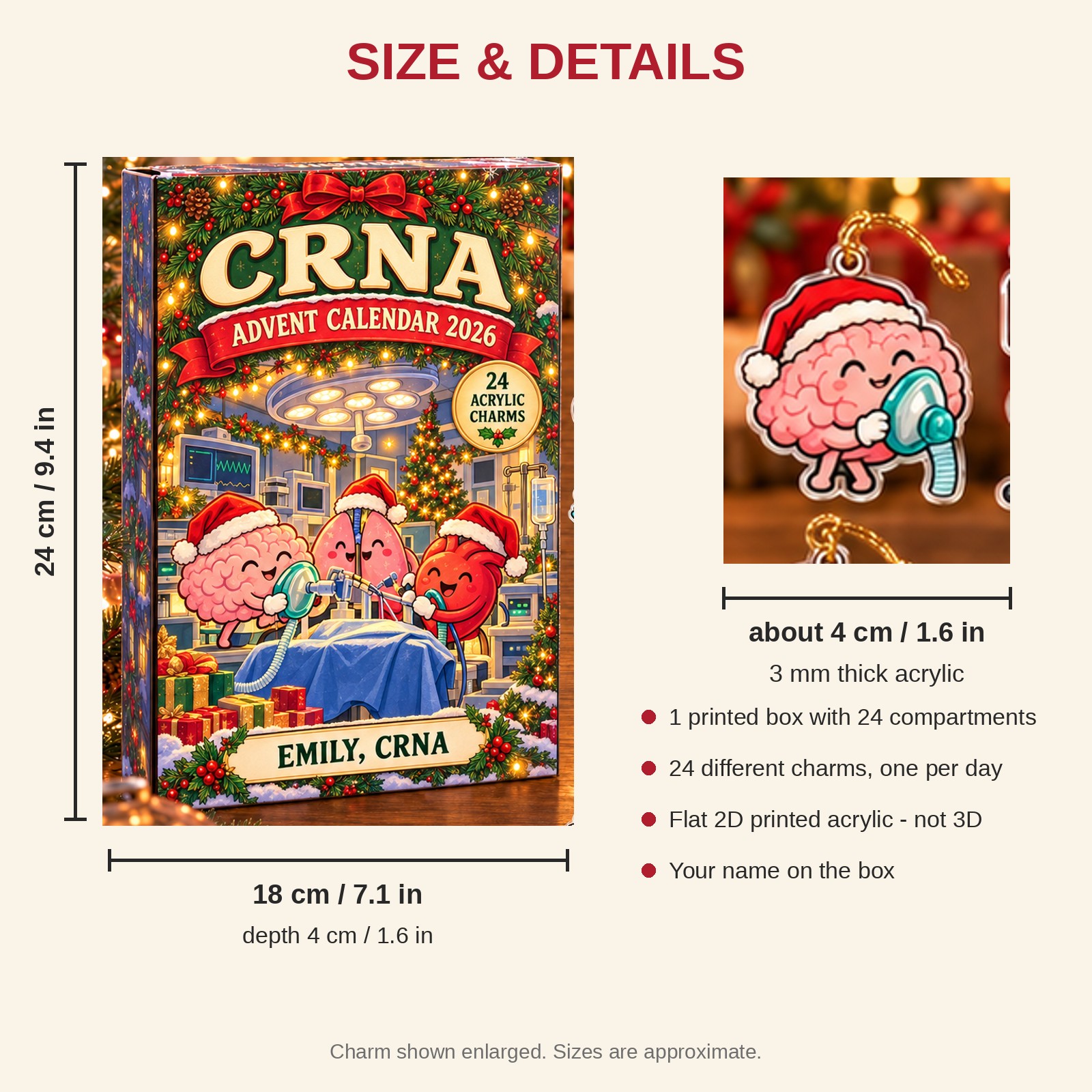 Personalized Funny Anatomy CRNA advent calendar box with 24 flat acrylic Christmas charms: box and charm sizes
