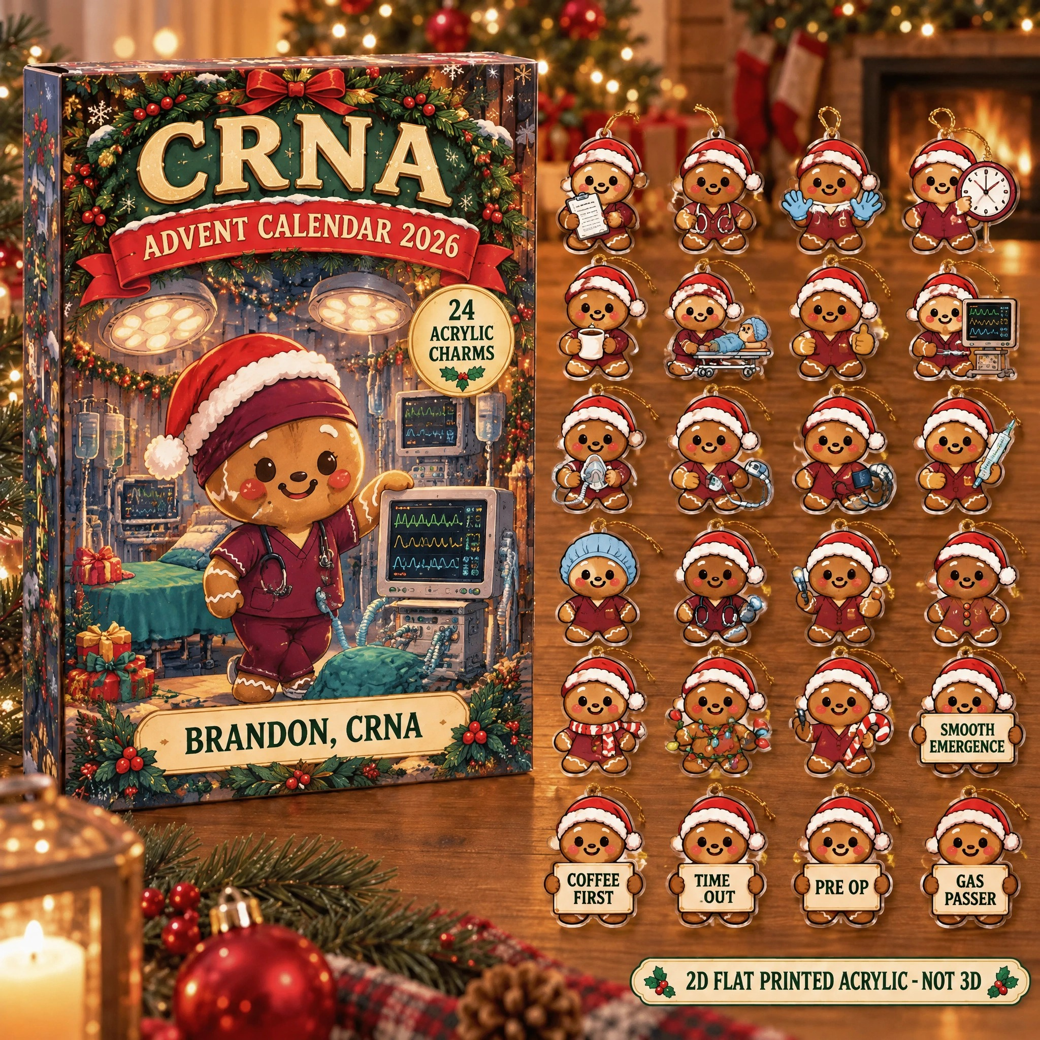 Personalized Gingerbread CRNA advent calendar box with 24 flat acrylic Christmas charms