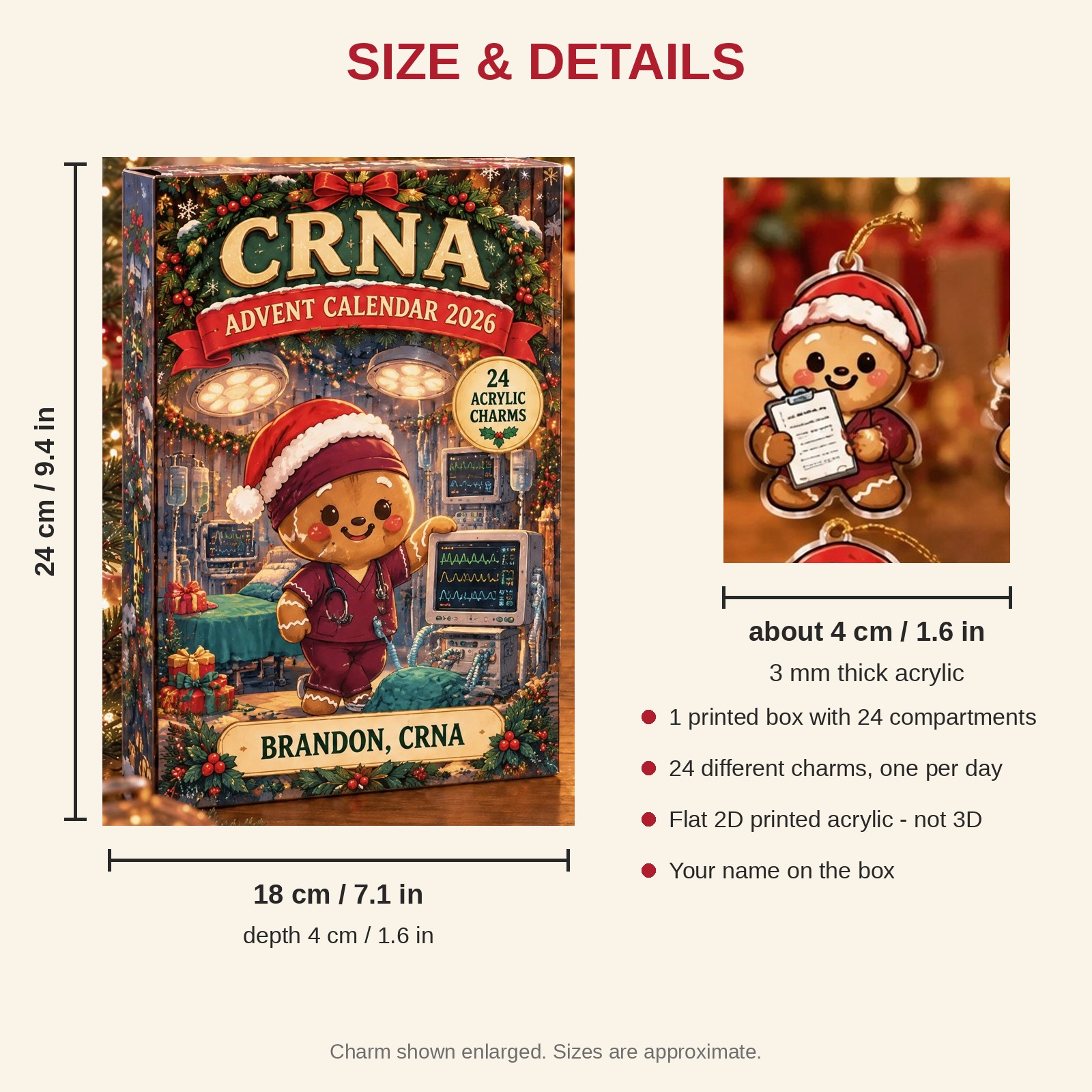 Personalized Gingerbread CRNA advent calendar box with 24 flat acrylic Christmas charms: box and charm sizes