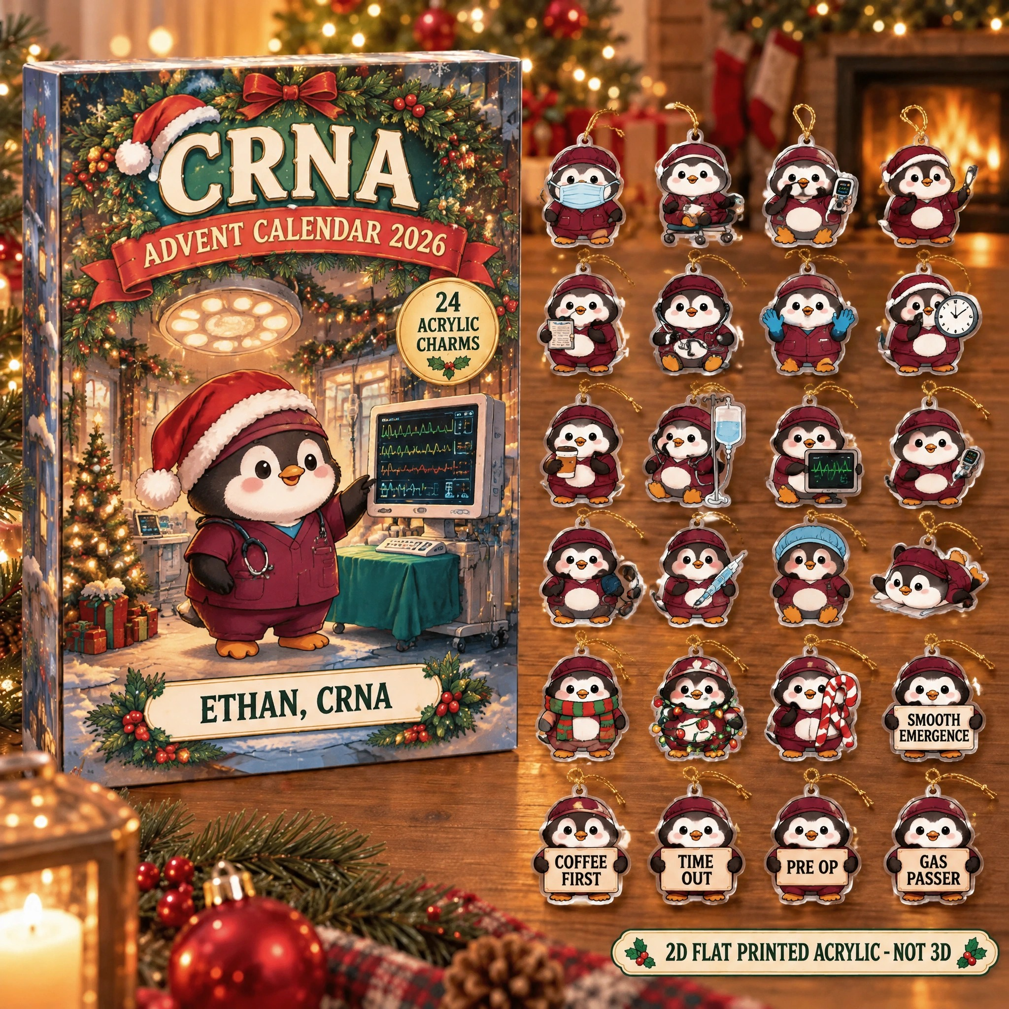 Personalized CRNA Penguin advent calendar box with 24 flat acrylic Christmas charms