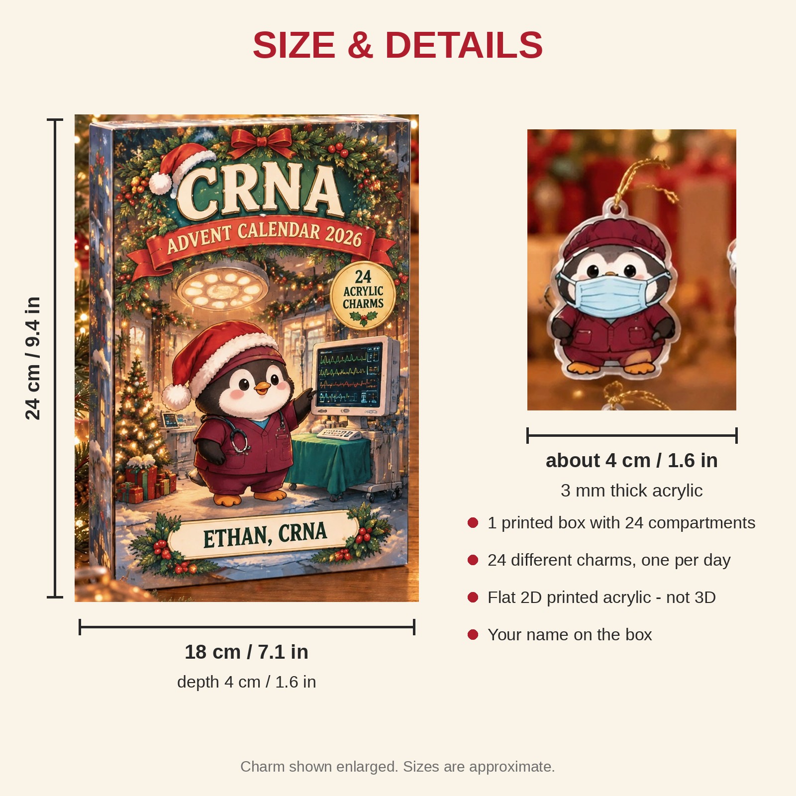 Personalized CRNA Penguin advent calendar box with 24 flat acrylic Christmas charms: box and charm sizes