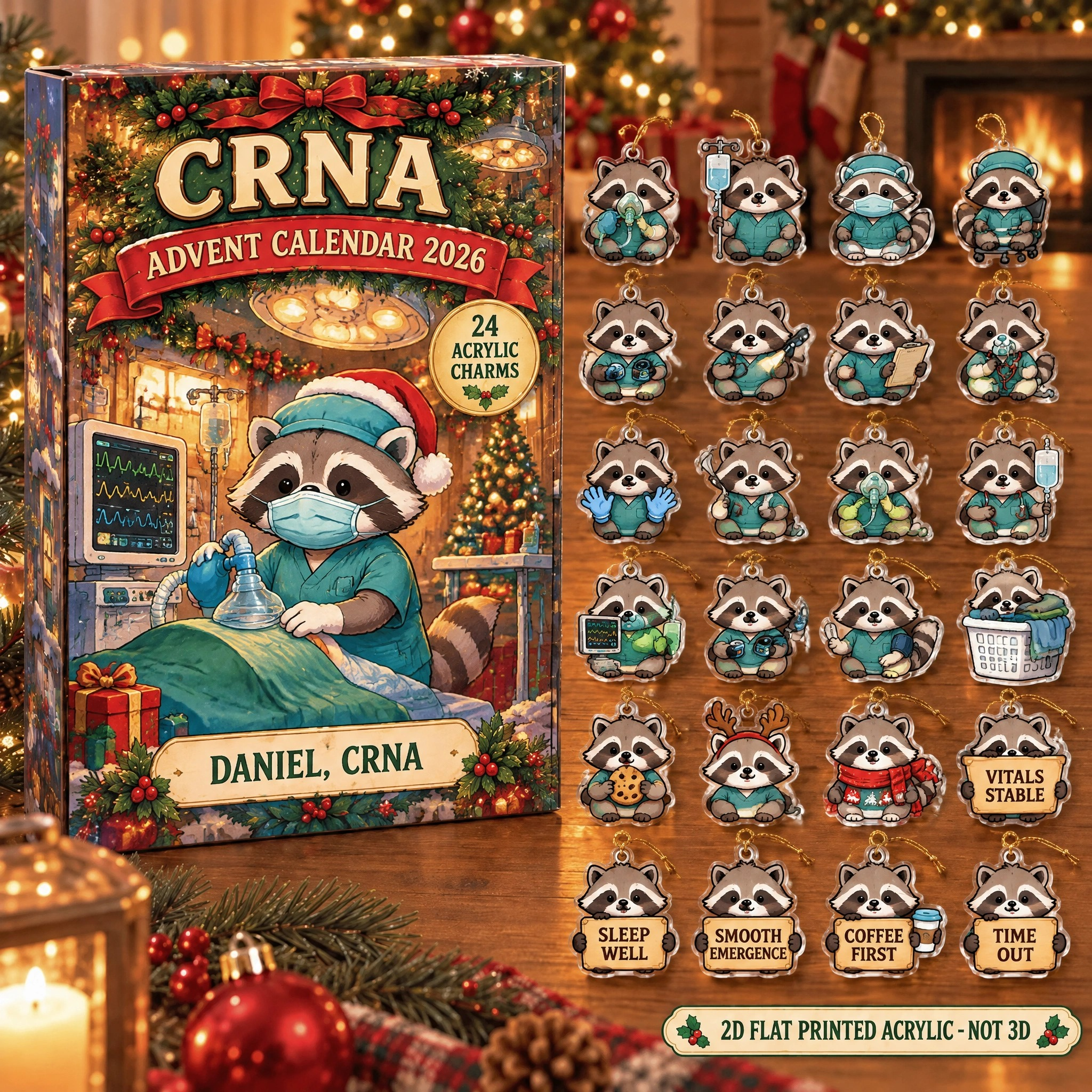 Personalized CRNA Raccoon advent calendar box with 24 flat acrylic Christmas charms