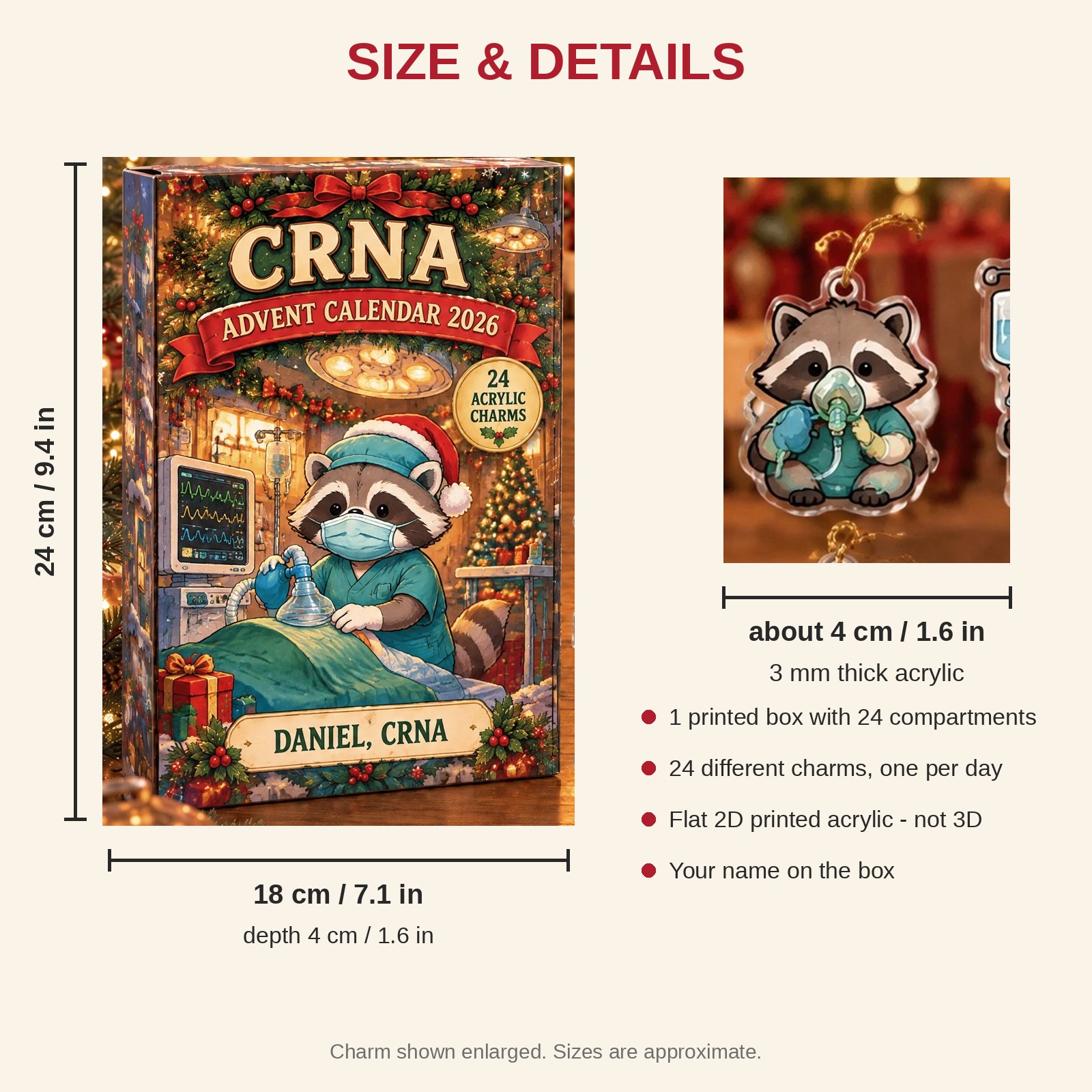 Personalized CRNA Raccoon advent calendar box with 24 flat acrylic Christmas charms: box and charm sizes