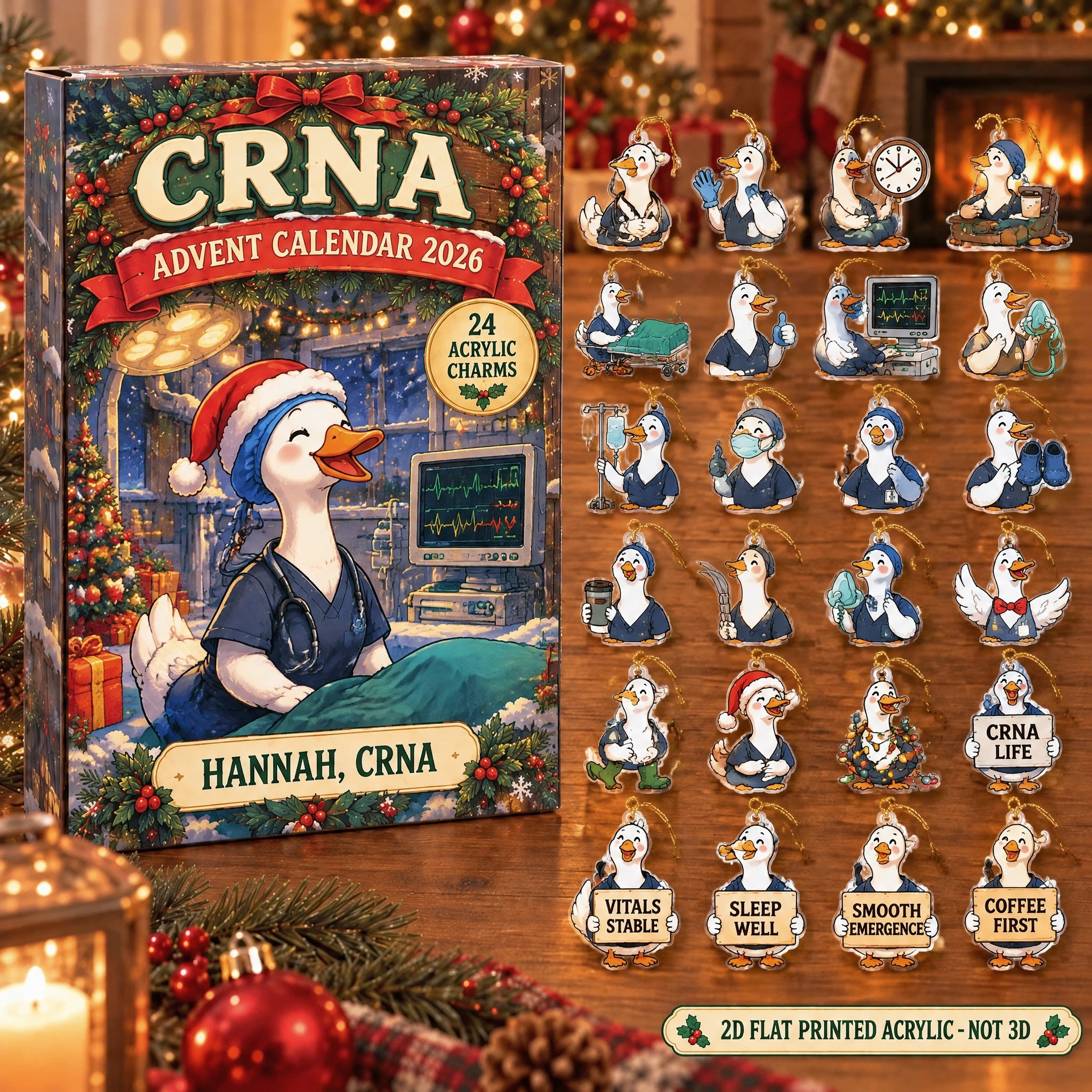 Personalized CRNA Silly Goose advent calendar box with 24 flat acrylic Christmas charms