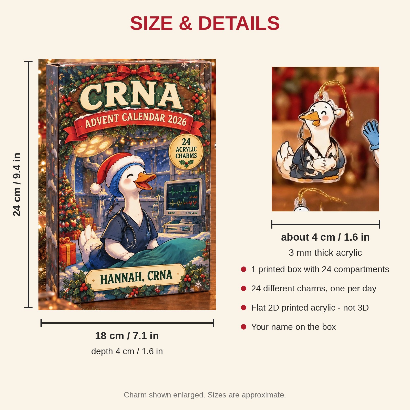 Personalized CRNA Silly Goose advent calendar box with 24 flat acrylic Christmas charms: box and charm sizes