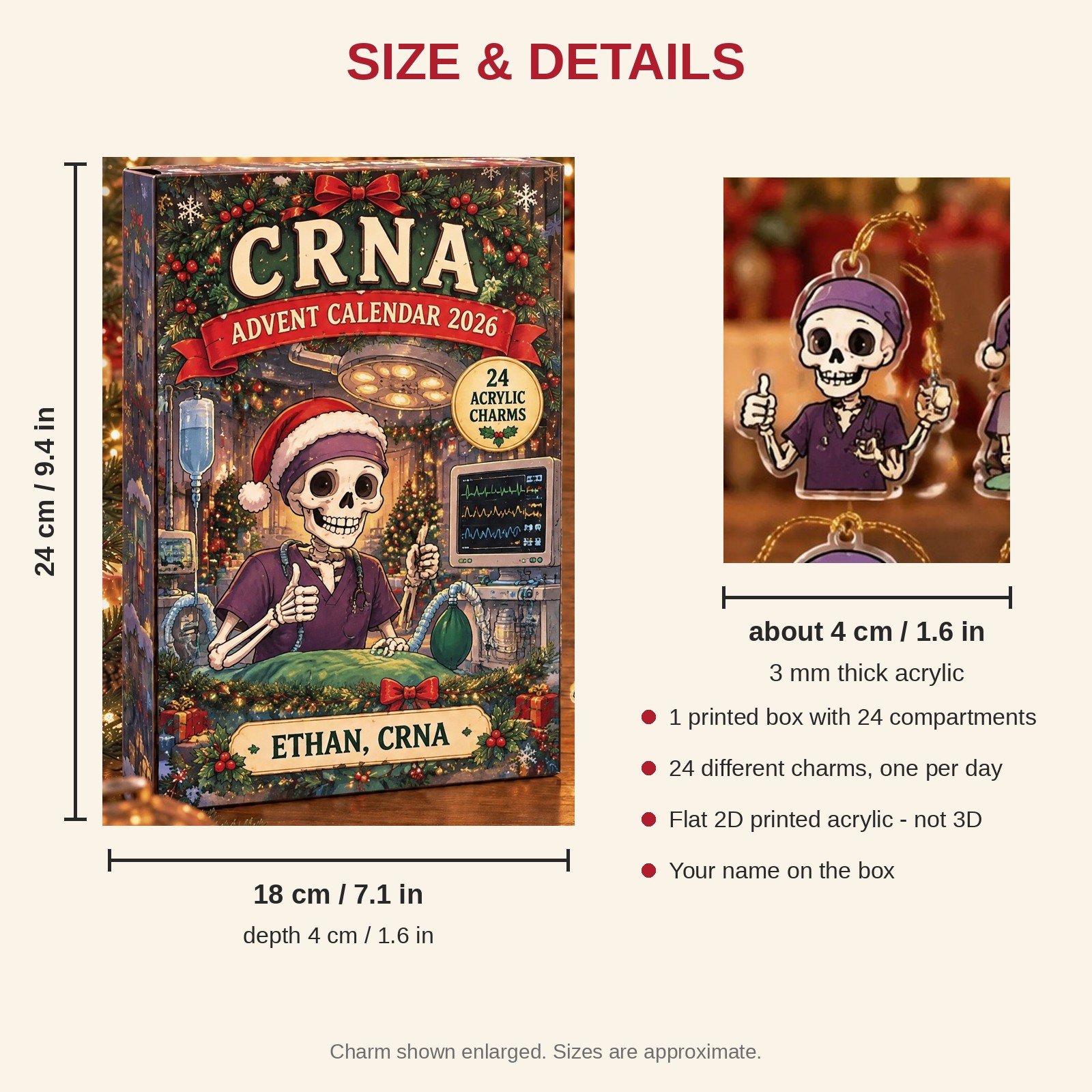 Personalized CRNA Skeleton advent calendar box with 24 flat acrylic Christmas charms: box and charm sizes