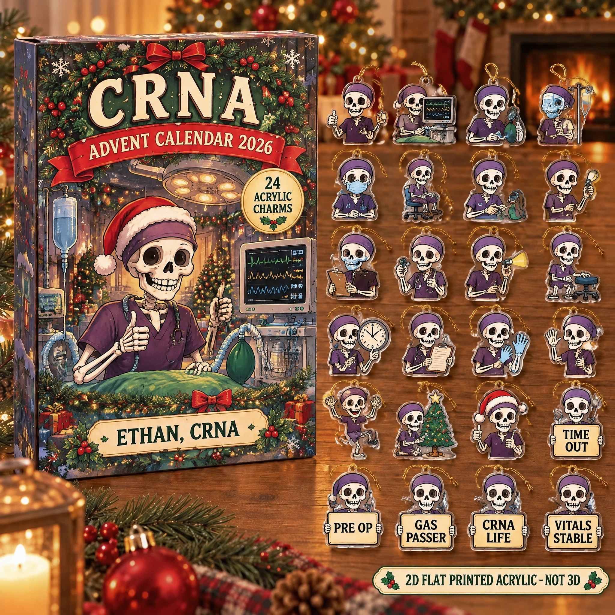 Personalized CRNA Skeleton advent calendar box with 24 flat acrylic Christmas charms