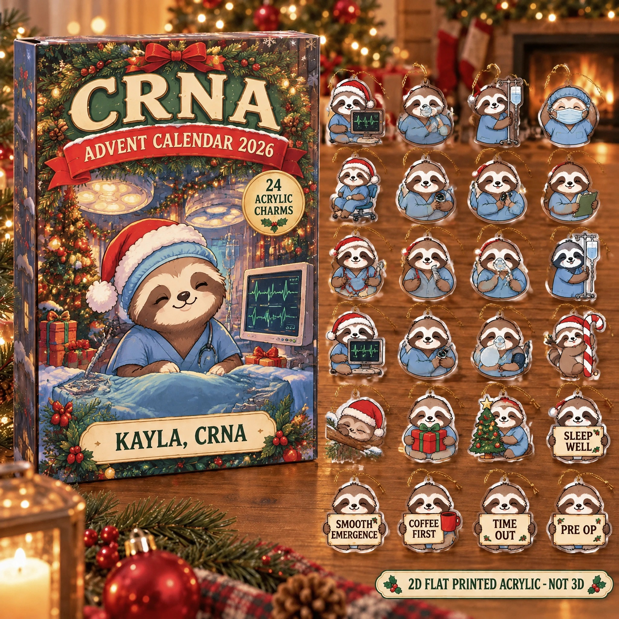 Personalized CRNA Sloth advent calendar box with 24 flat acrylic Christmas charms