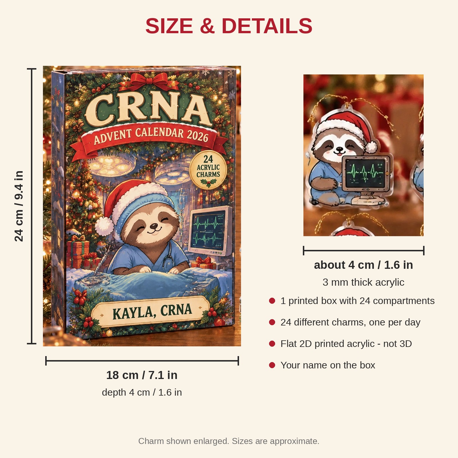 Personalized CRNA Sloth advent calendar box with 24 flat acrylic Christmas charms: box and charm sizes
