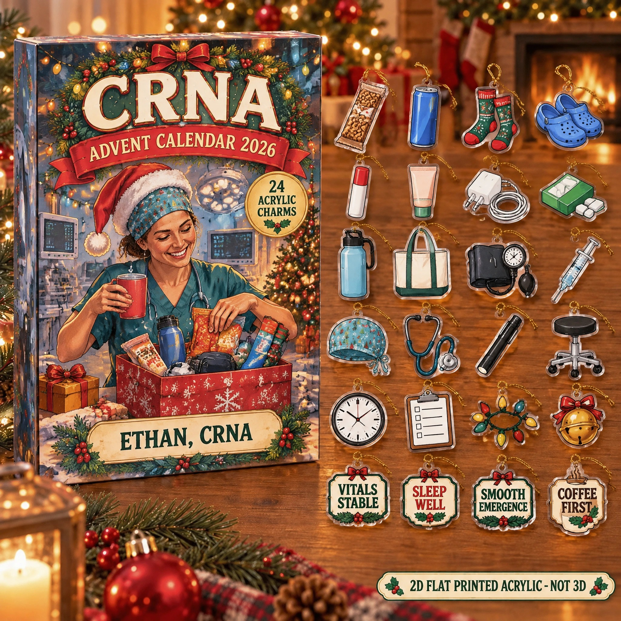 Personalized CRNA Survival Kit advent calendar box with 24 flat acrylic Christmas charms
