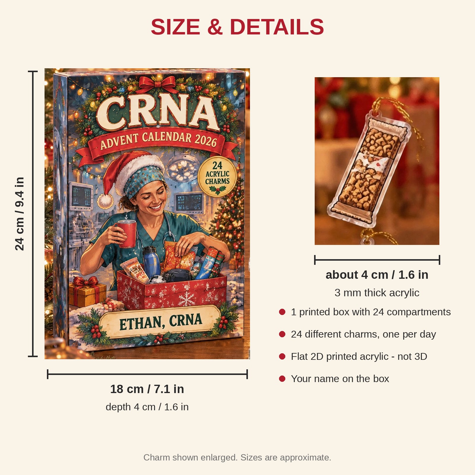 Personalized CRNA Survival Kit advent calendar box with 24 flat acrylic Christmas charms: box and charm sizes