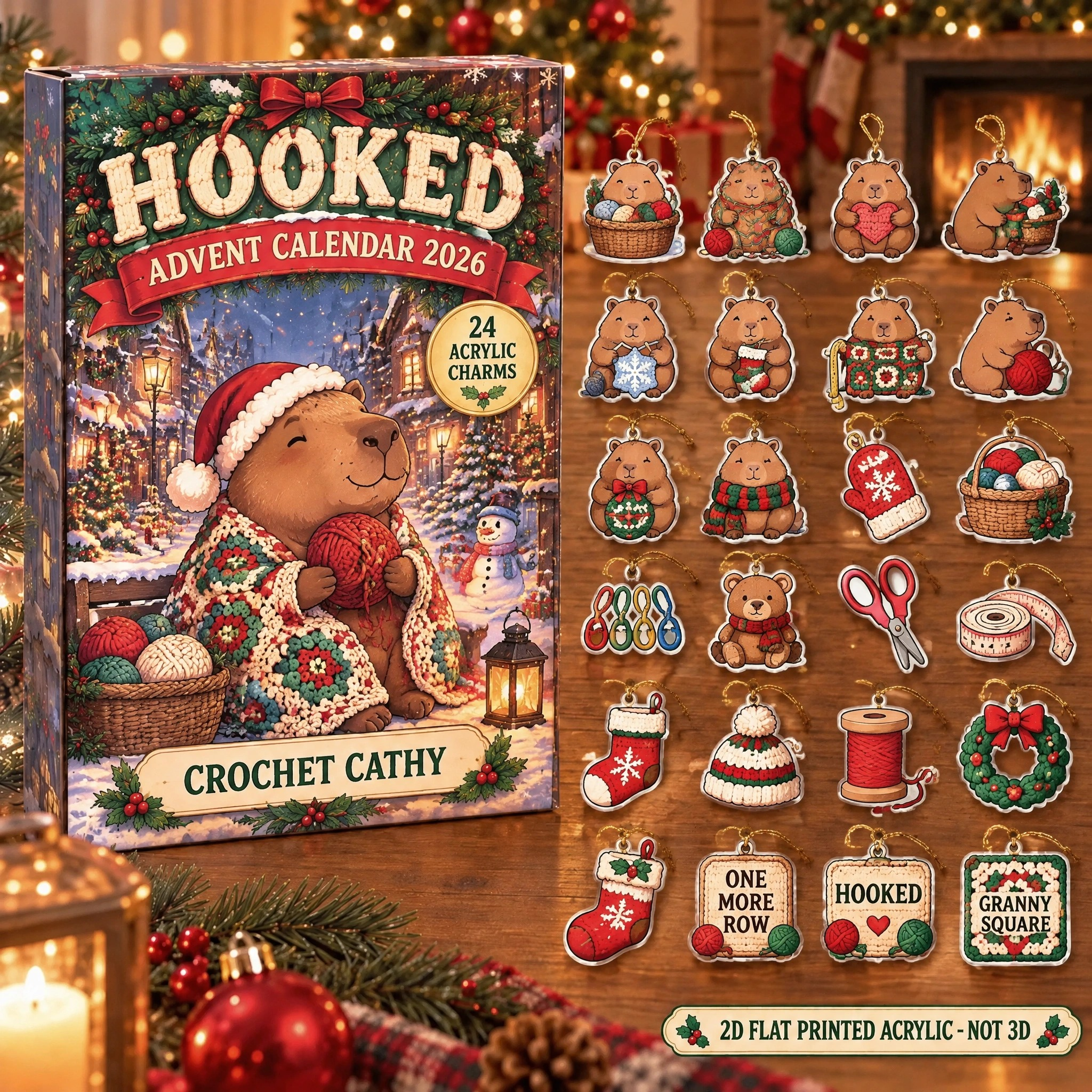 Personalized Crochet Capybara advent calendar box with 24 flat acrylic Christmas charms
