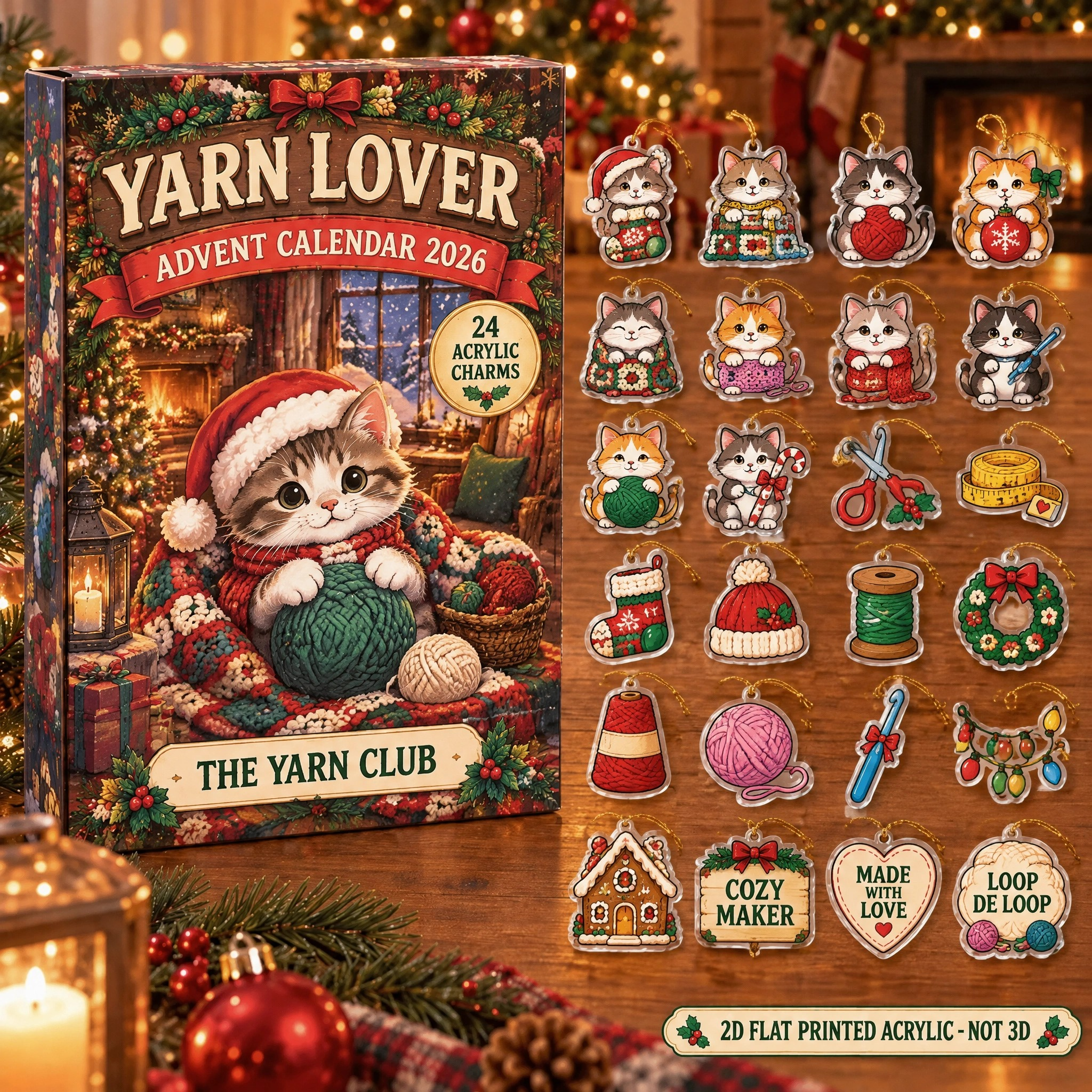 Personalized Crochet Cat advent calendar box with 24 flat acrylic Christmas charms