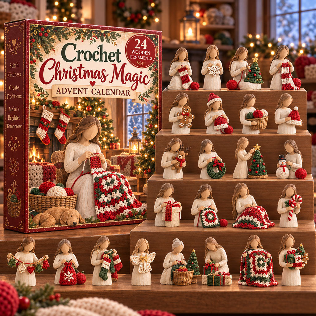 Crochet Christmas Magic advent calendar box with 24 wooden Christmas charms