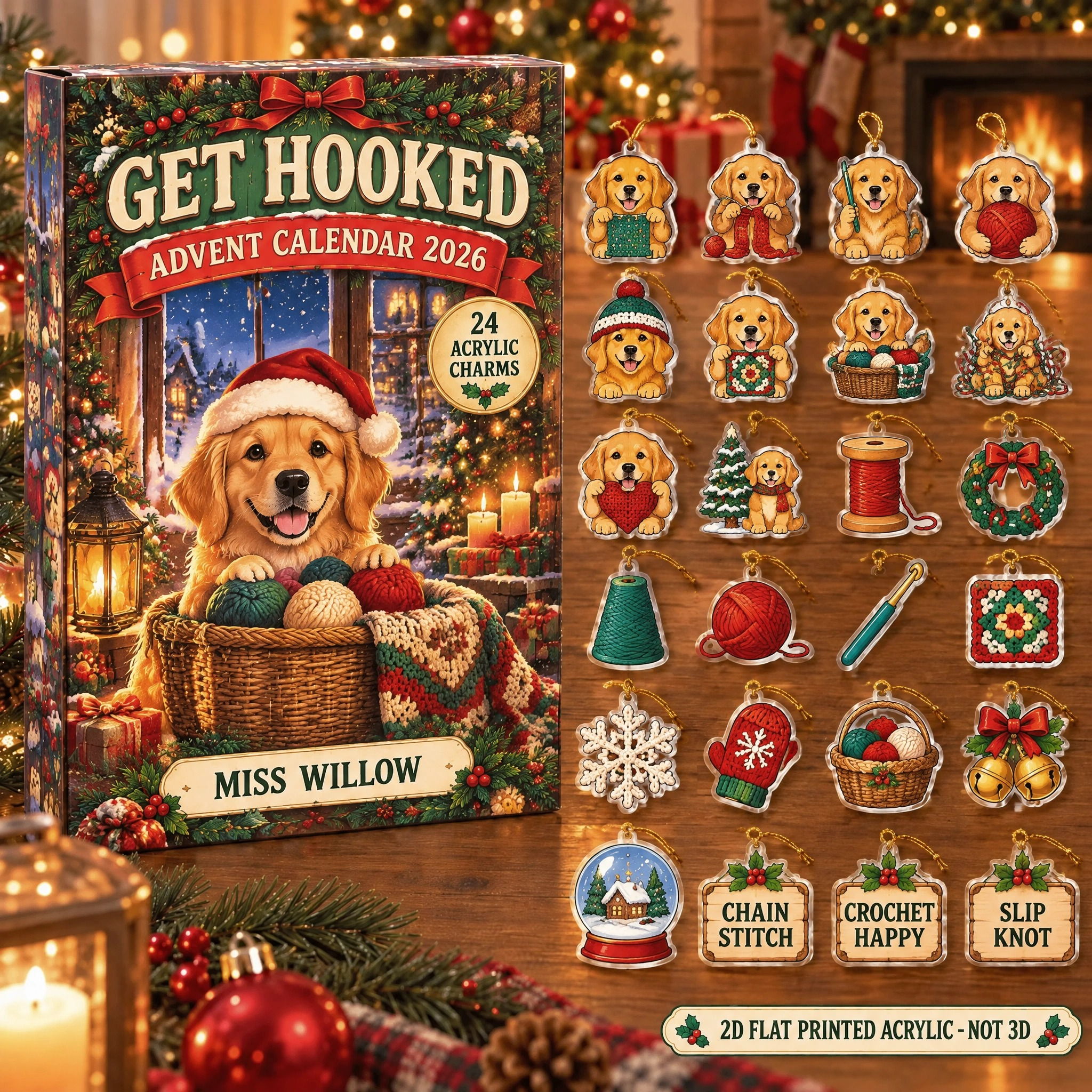 Personalized Crochet Dog advent calendar box with 24 flat acrylic Christmas charms