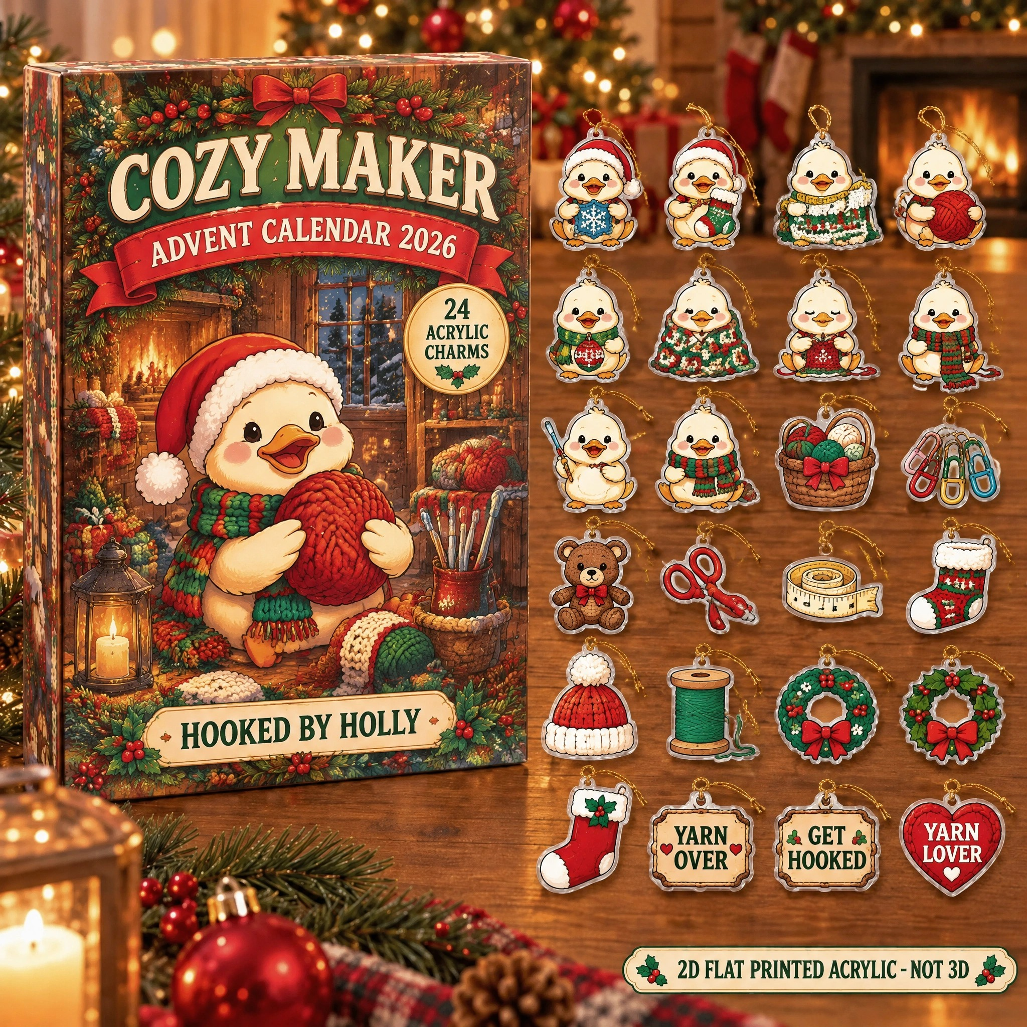Personalized Crochet Duck advent calendar box with 24 flat acrylic Christmas charms