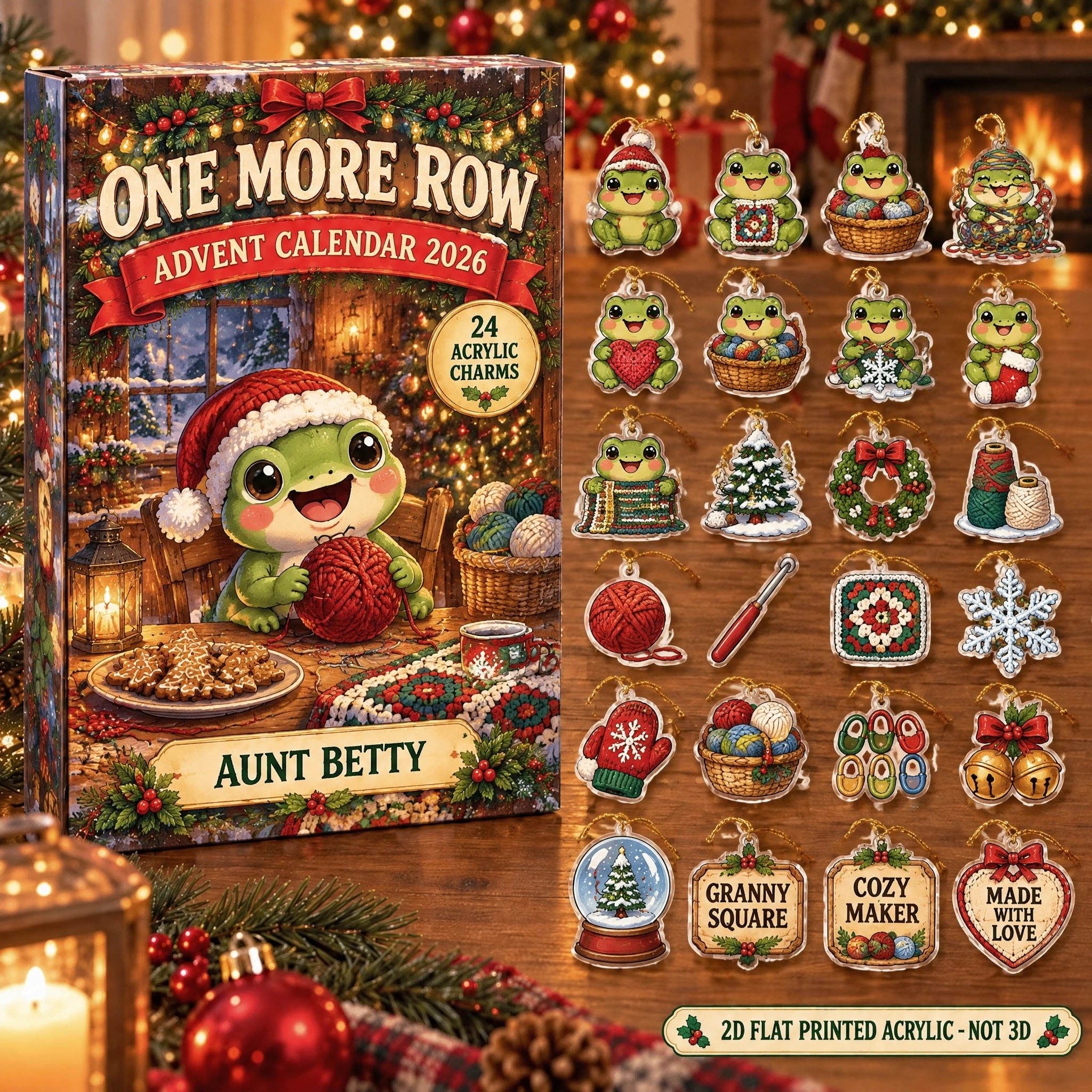 Personalized Crochet Frog advent calendar box with 24 flat acrylic Christmas charms