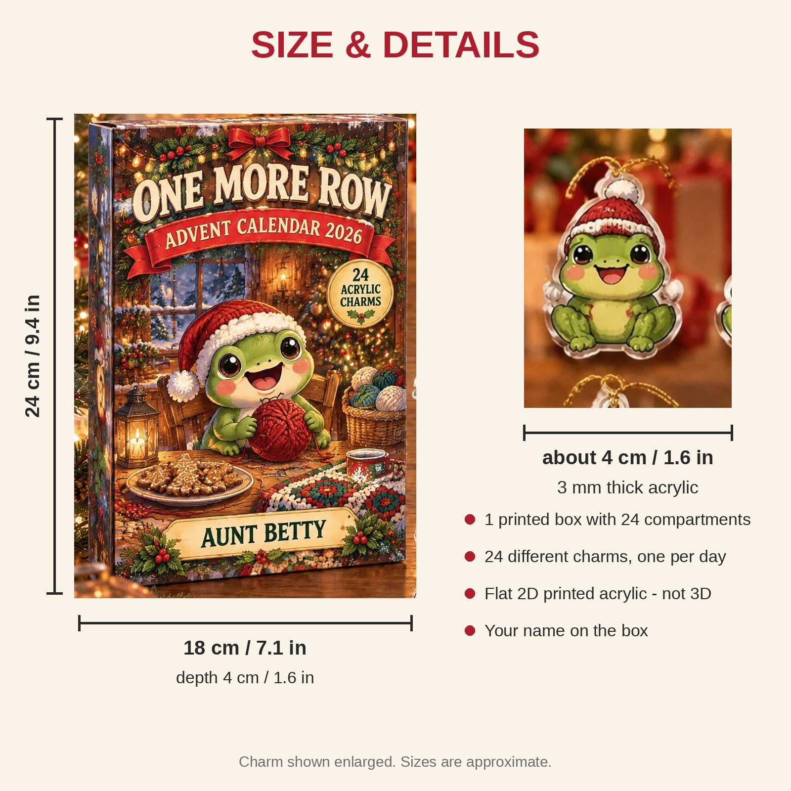 Personalized Crochet Frog advent calendar box with 24 flat acrylic Christmas charms: box and charm sizes