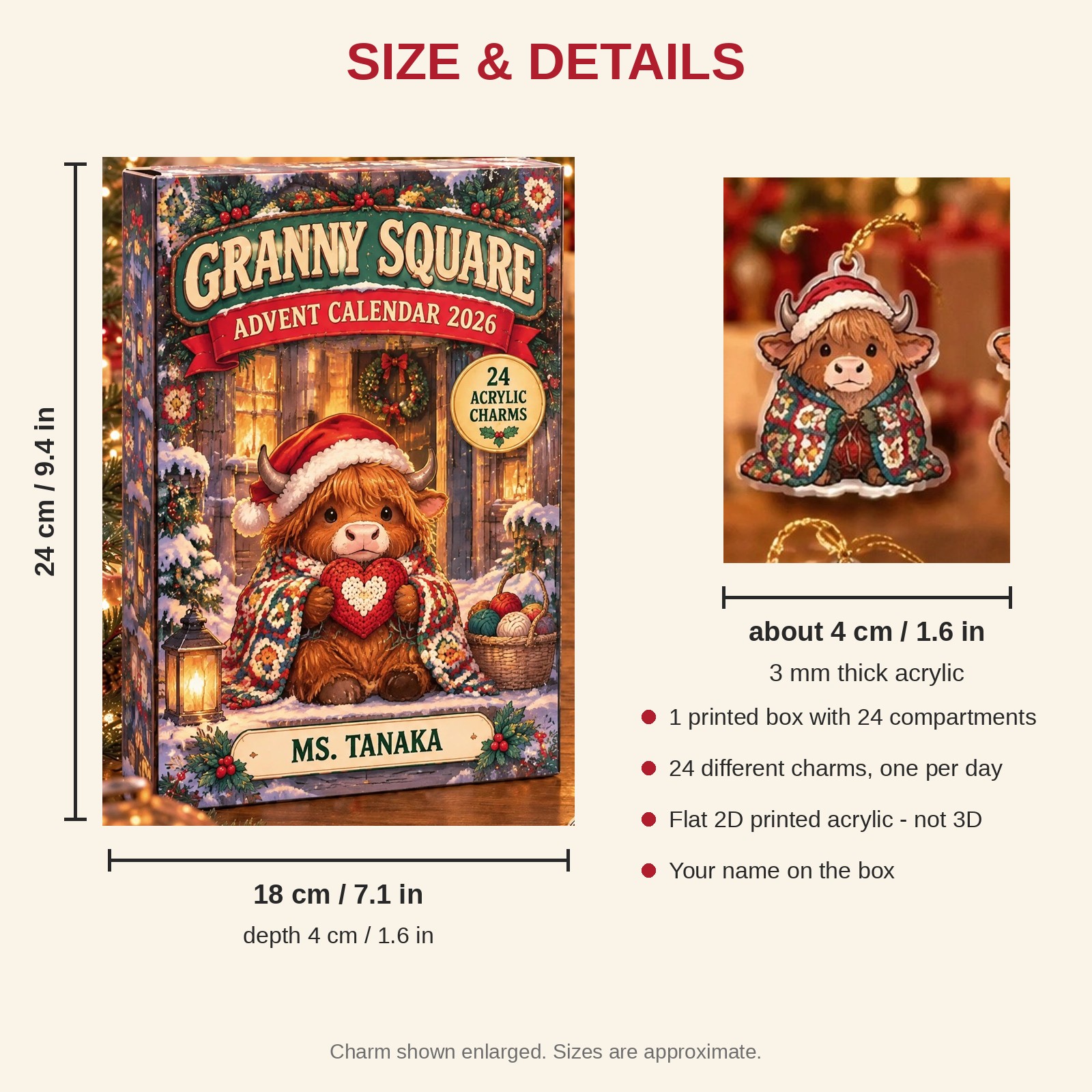 Personalized Crochet Highland Cow advent calendar box with 24 flat acrylic Christmas charms: box and charm sizes