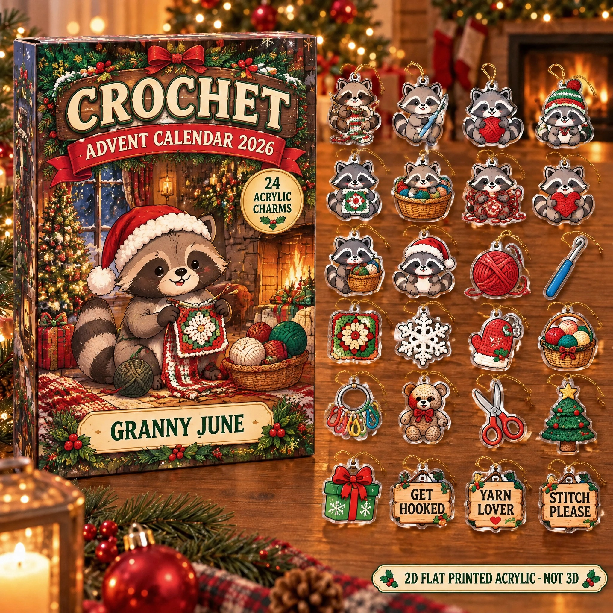 Personalized Crochet Raccoon advent calendar box with 24 flat acrylic Christmas charms