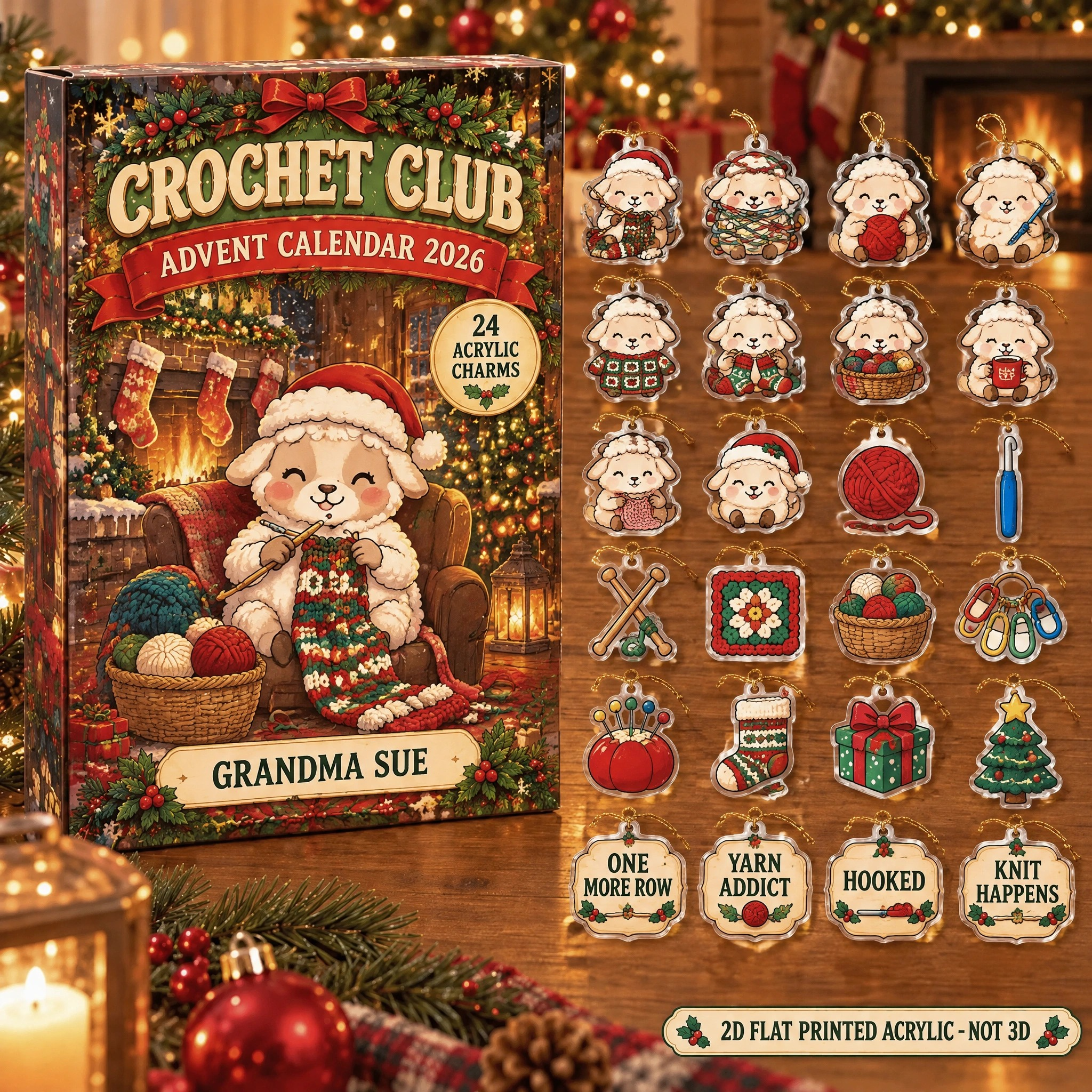Personalized Crochet Club Sheep advent calendar box with 24 flat acrylic Christmas charms