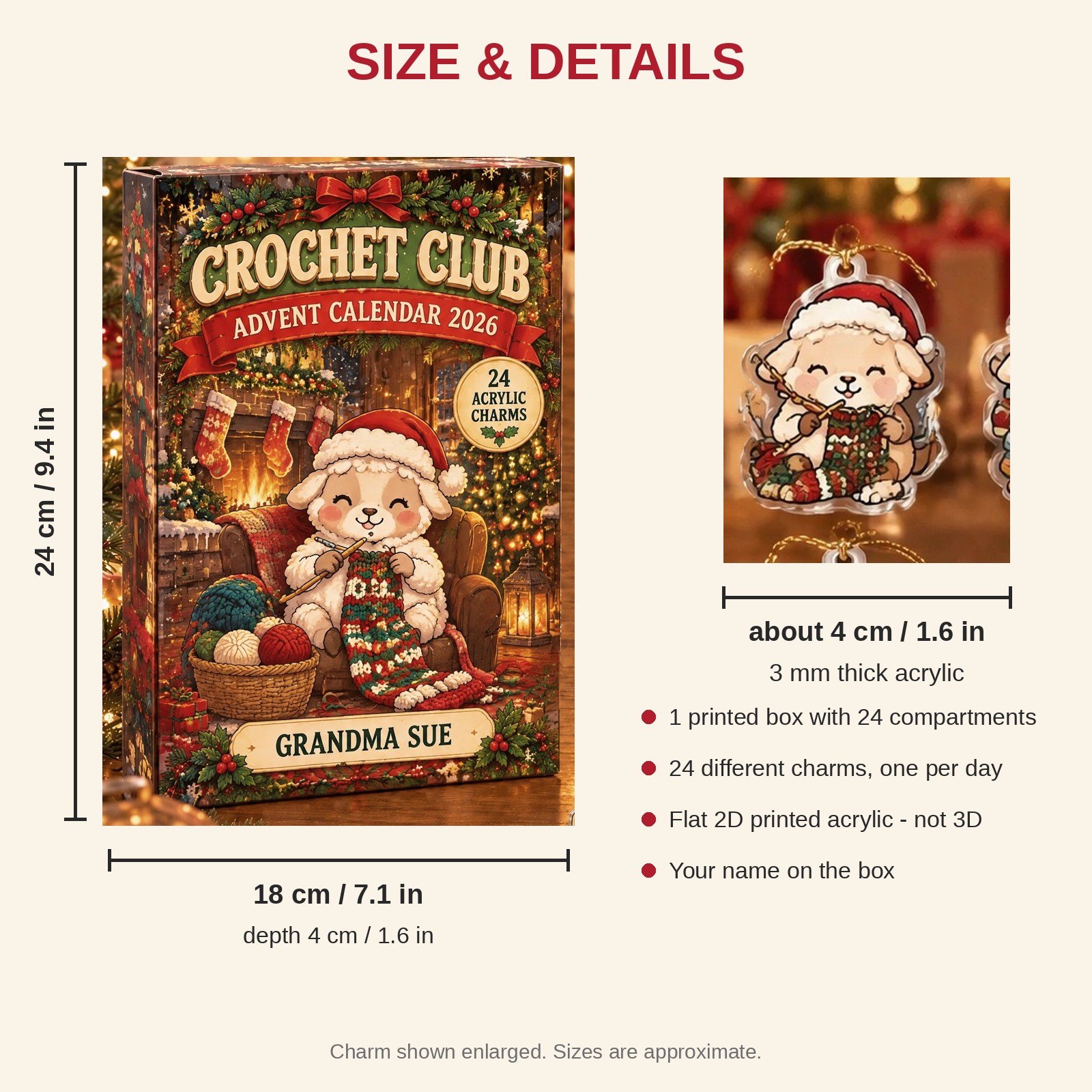 Personalized Crochet Club Sheep advent calendar box with 24 flat acrylic Christmas charms: box and charm sizes
