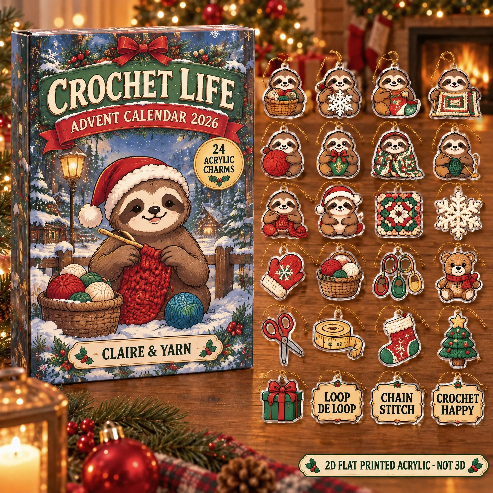 Personalized Crochet Sloth advent calendar box with 24 flat acrylic Christmas charms