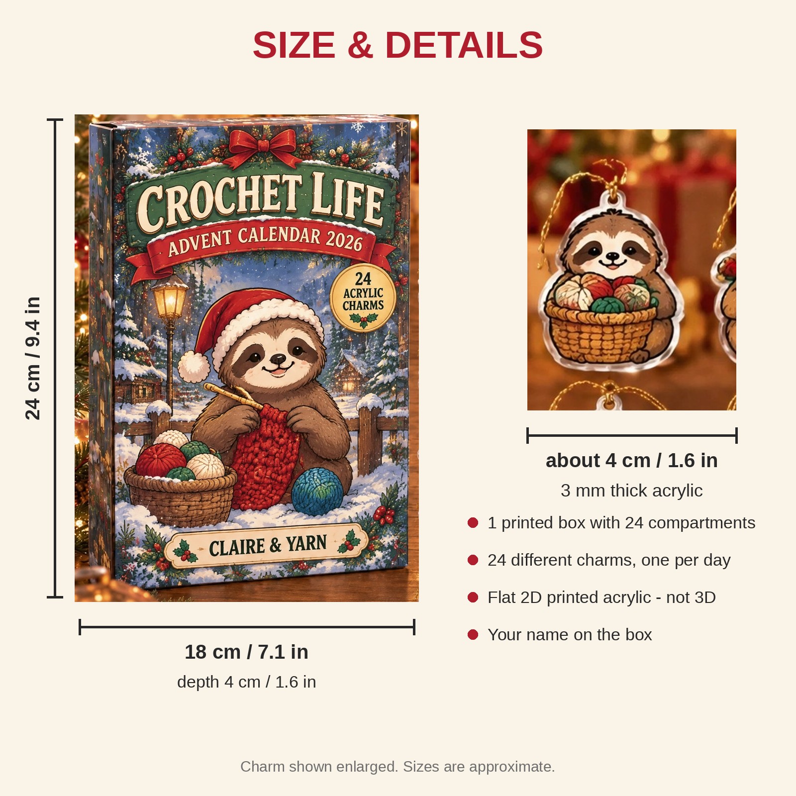 Personalized Crochet Sloth advent calendar box with 24 flat acrylic Christmas charms: box and charm sizes