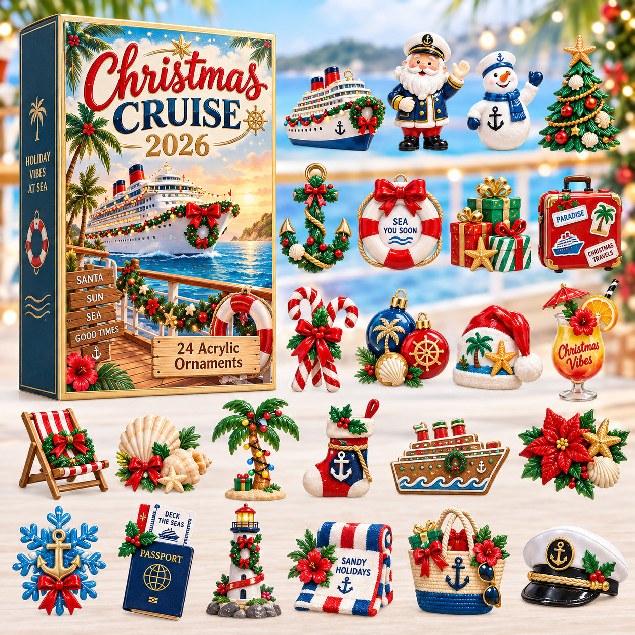 Cruise advent calendar box with 24 acrylic Christmas charms