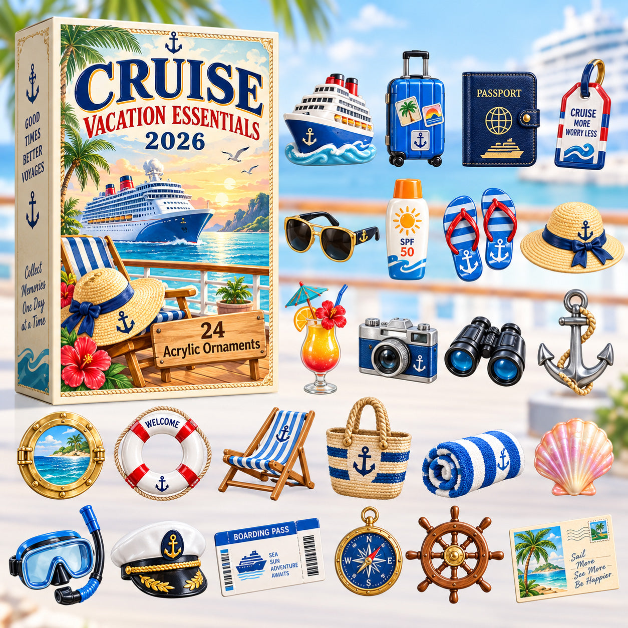 Cruise Vacation Essentials advent calendar box with 24 acrylic Christmas charms