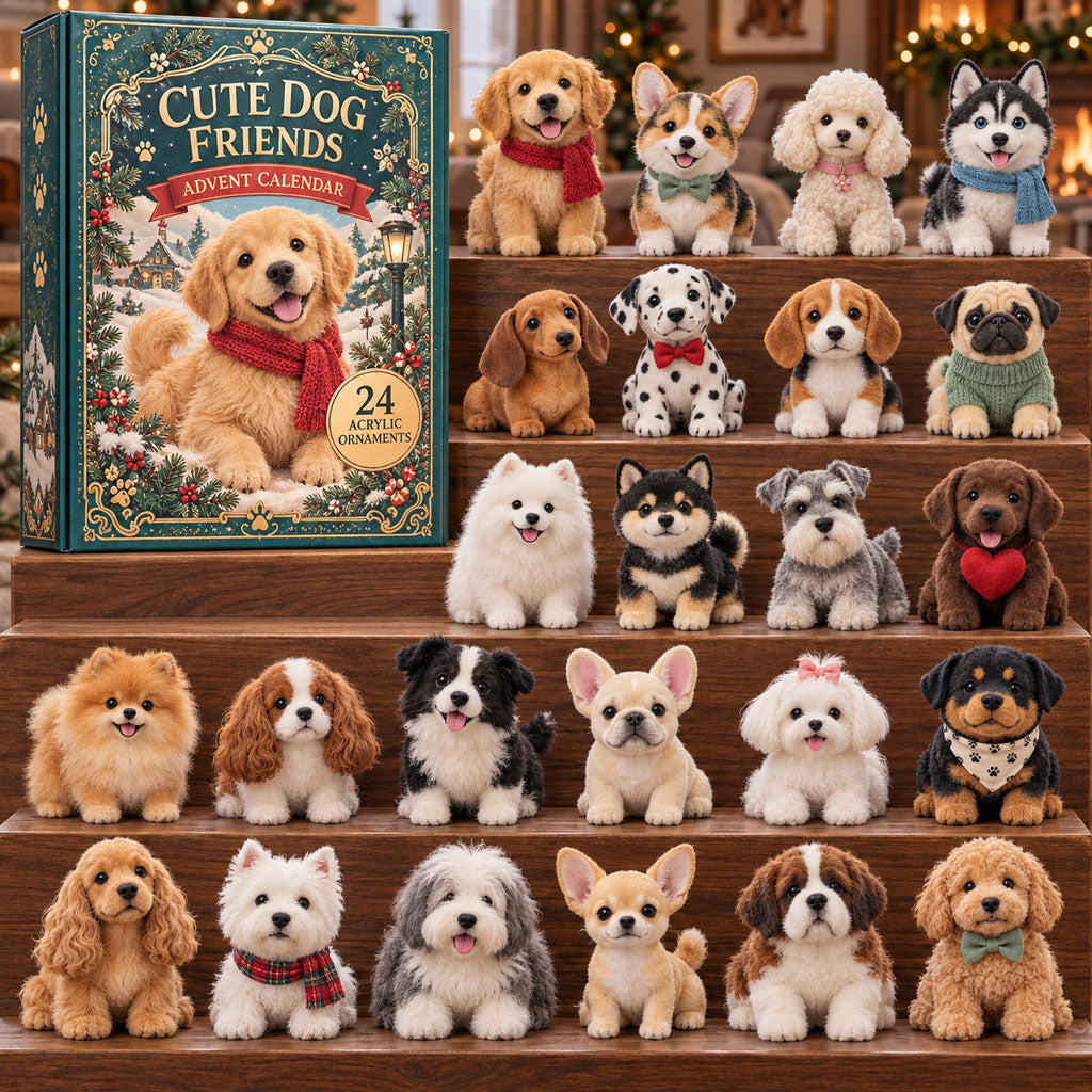 Cute Dog Friends advent calendar box with 24 acrylic Christmas charms