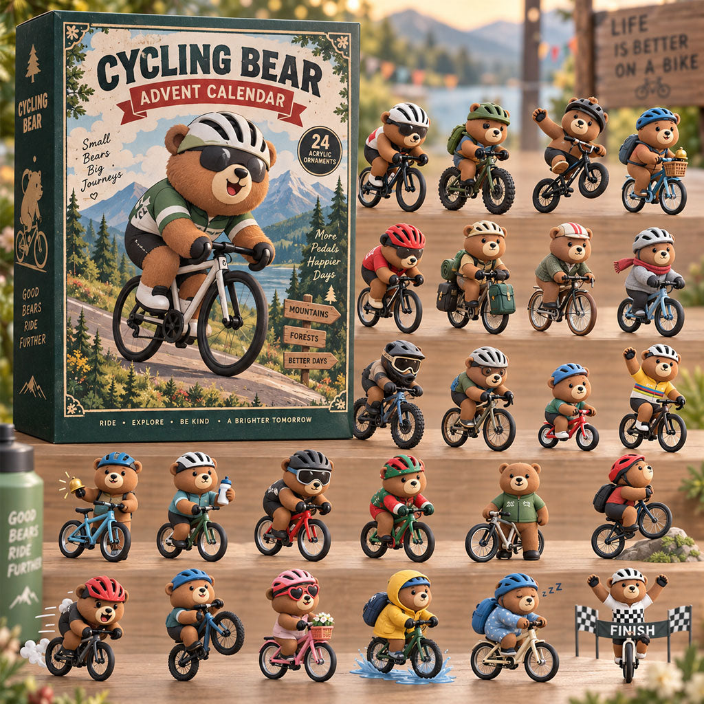Cycling Bear advent calendar box with 24 acrylic Christmas charms
