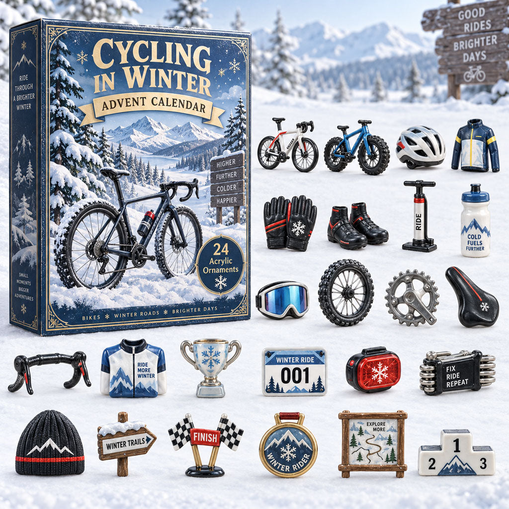 Cycling in Winter advent calendar box with 24 acrylic Christmas charms