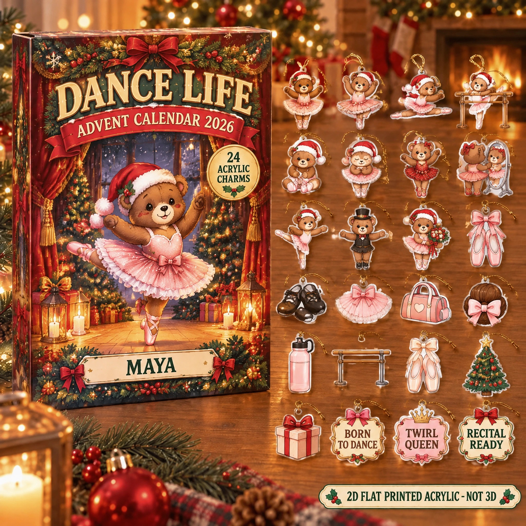 Personalized Dance Bear advent calendar box with 24 flat acrylic Christmas charms
