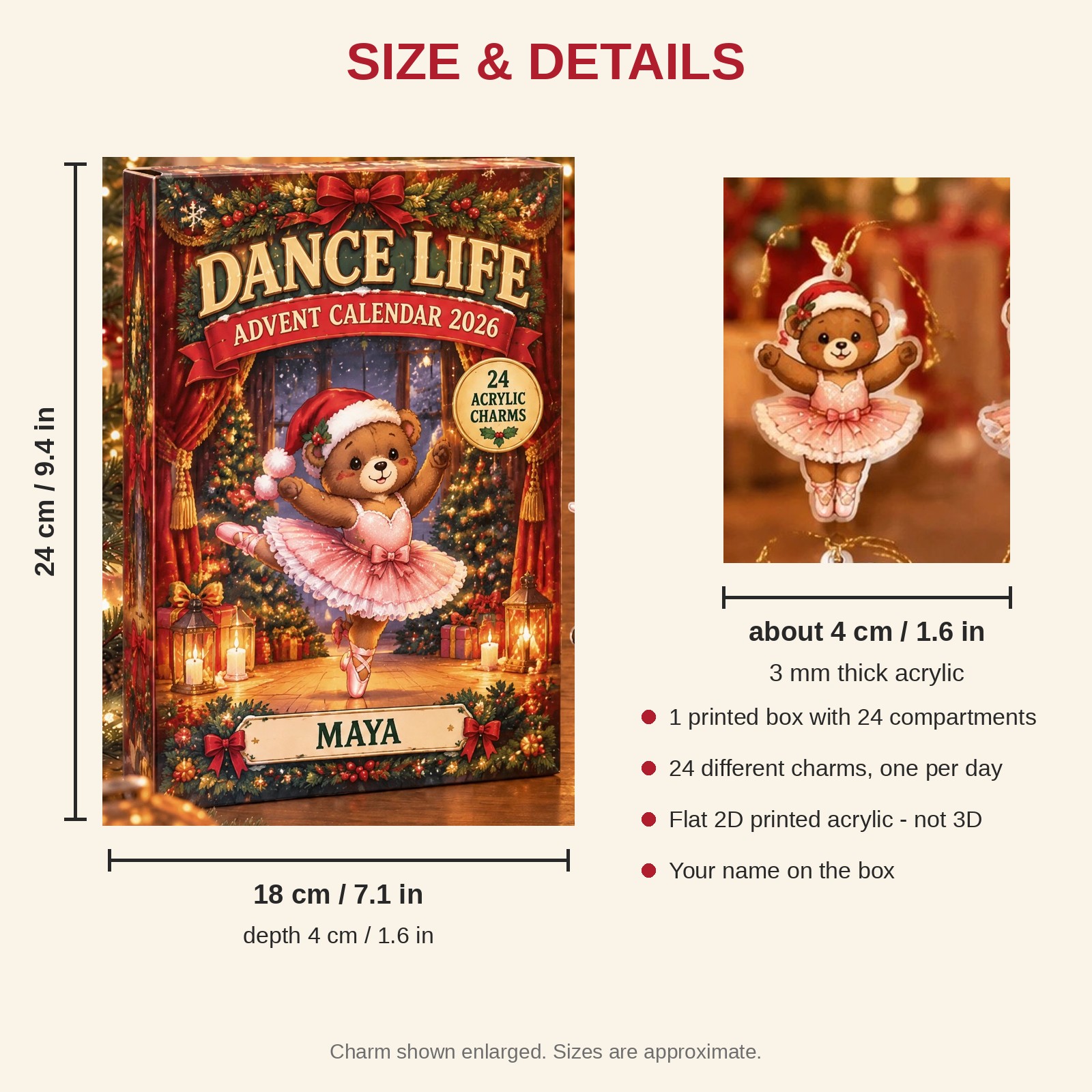 Personalized Dance Bear advent calendar box with 24 flat acrylic Christmas charms: box and charm sizes