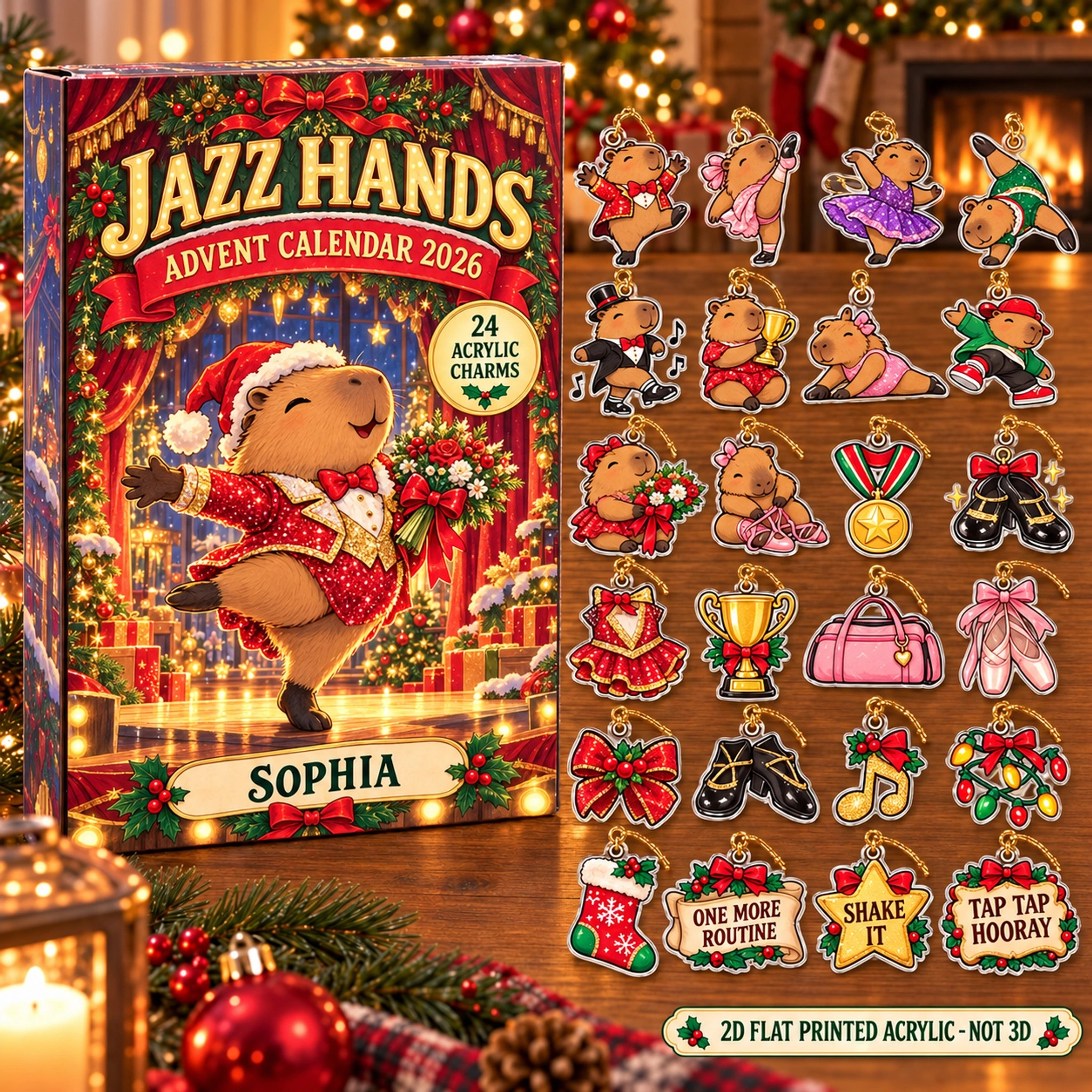 Personalized Dance Capybara advent calendar box with 24 flat acrylic Christmas charms