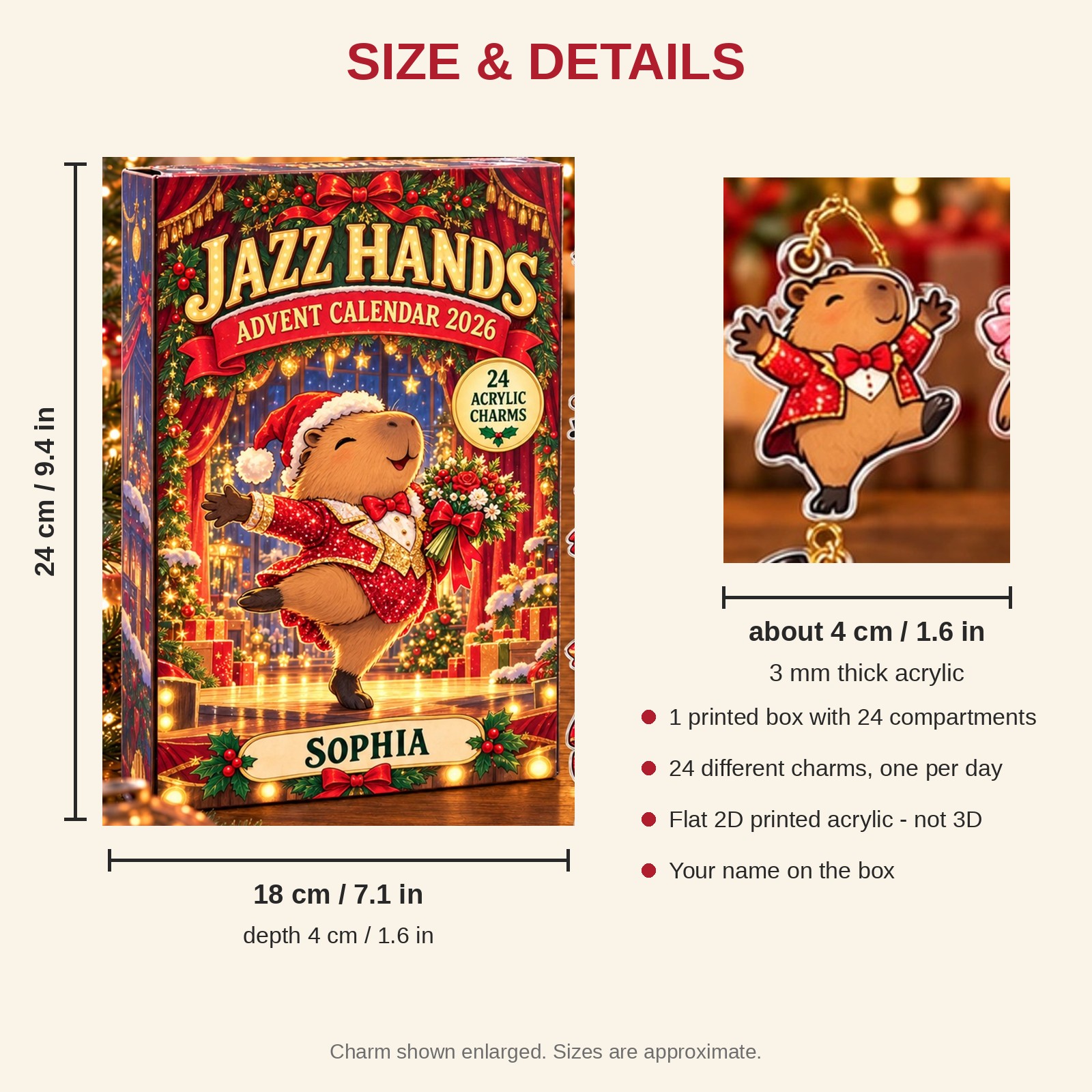 Personalized Dance Capybara advent calendar box with 24 flat acrylic Christmas charms: box and charm sizes