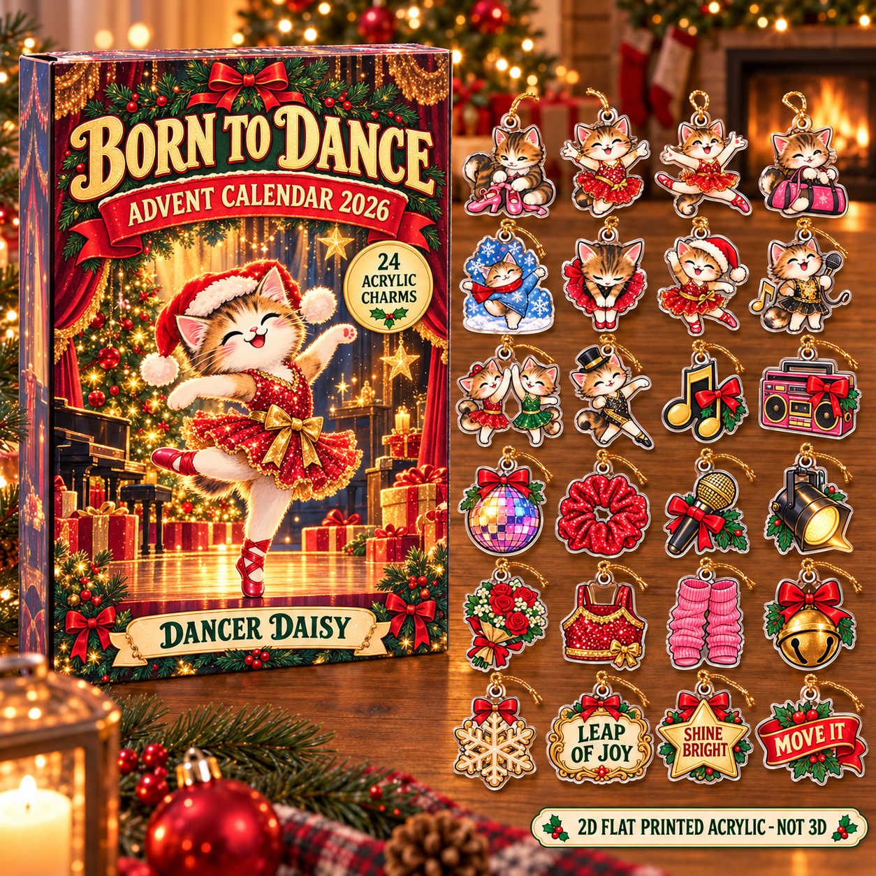 Personalized Dance Cat advent calendar box with 24 flat acrylic Christmas charms