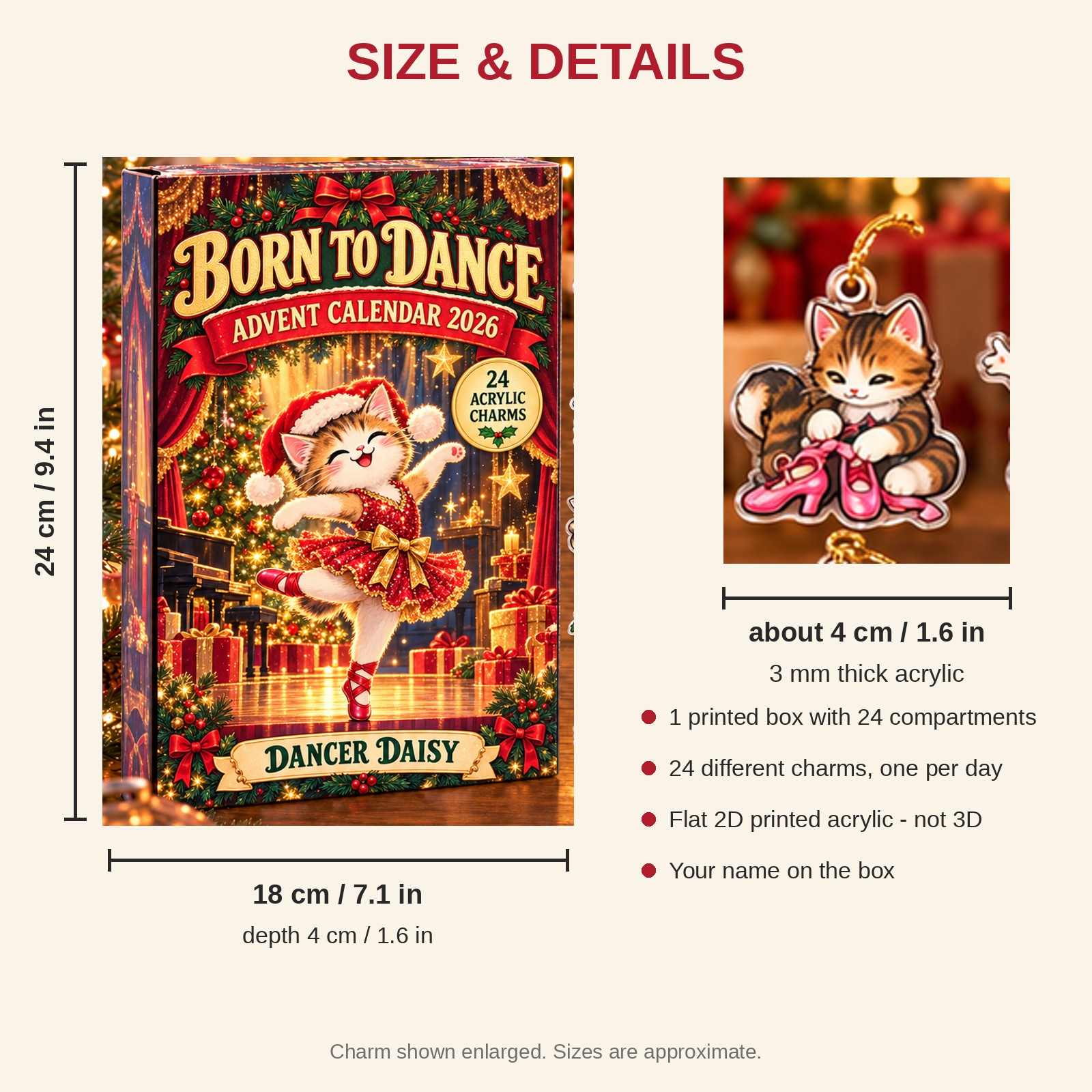 Personalized Dance Cat advent calendar box with 24 flat acrylic Christmas charms: box and charm sizes