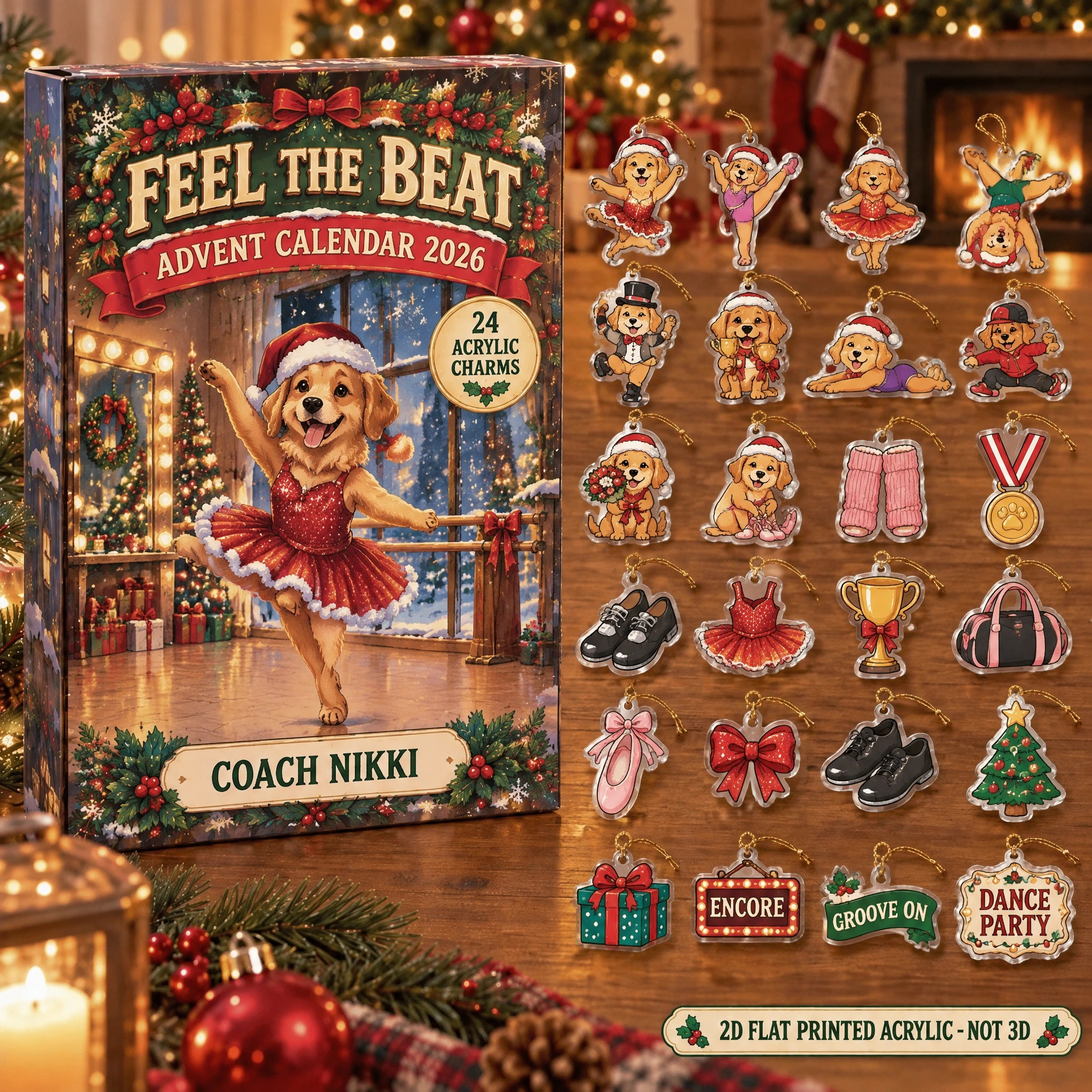 Personalized Dance Dog advent calendar box with 24 flat acrylic Christmas charms