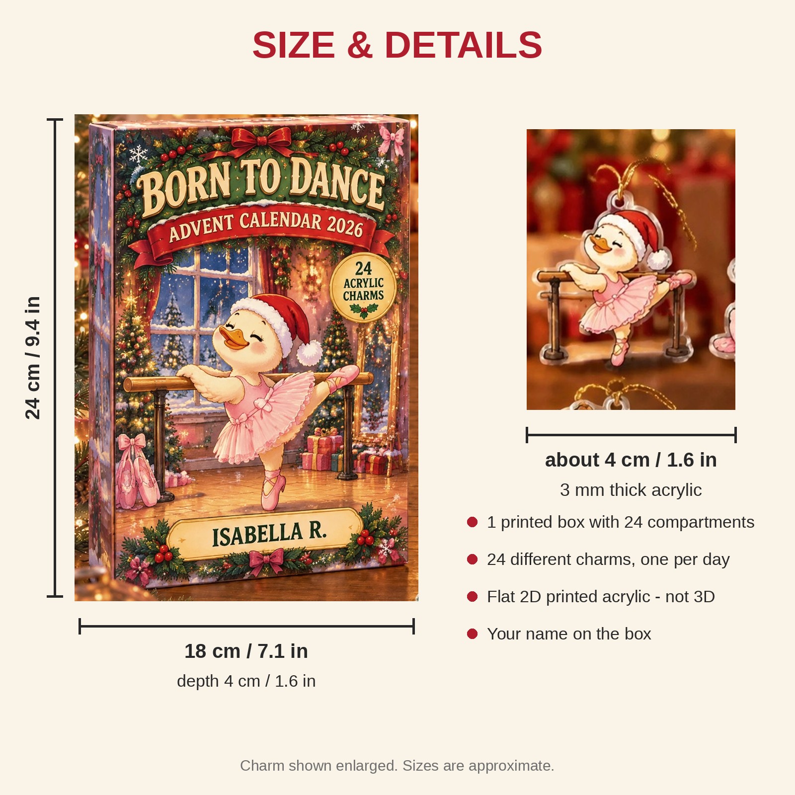 Personalized Dance Duck advent calendar box with 24 flat acrylic Christmas charms: box and charm sizes